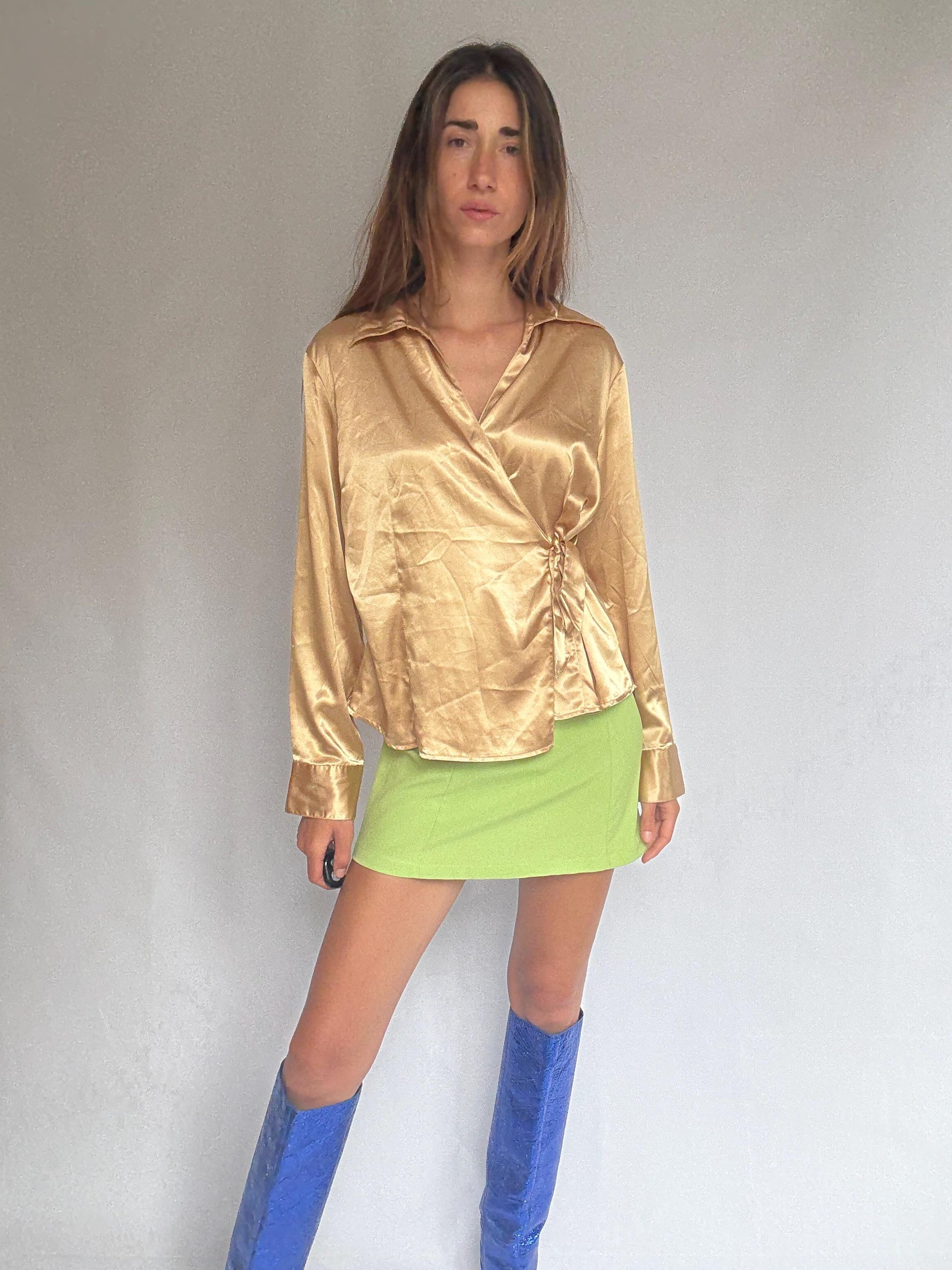 Gold satin wrap blouse by Jaramago – shiny tie-front long sleeve shirt – size 50 – adjustable fit – 100% polyester