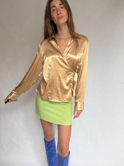 Gold Satin Wrap Blouse With Tie Front — additional view 5