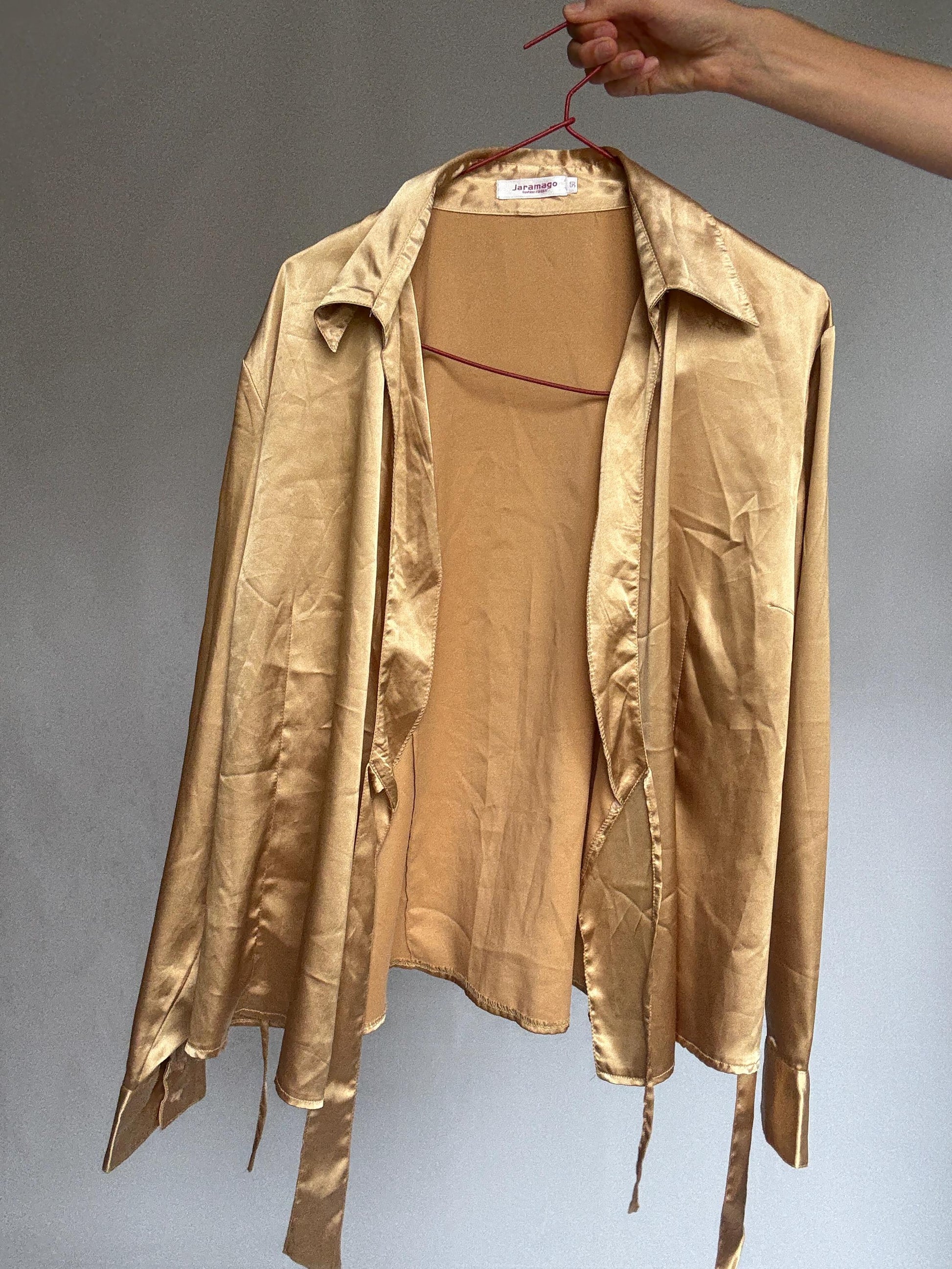 Gold satin wrap blouse by Jaramago – shiny tie-front long sleeve shirt – size 50 – adjustable fit – 100% polyester