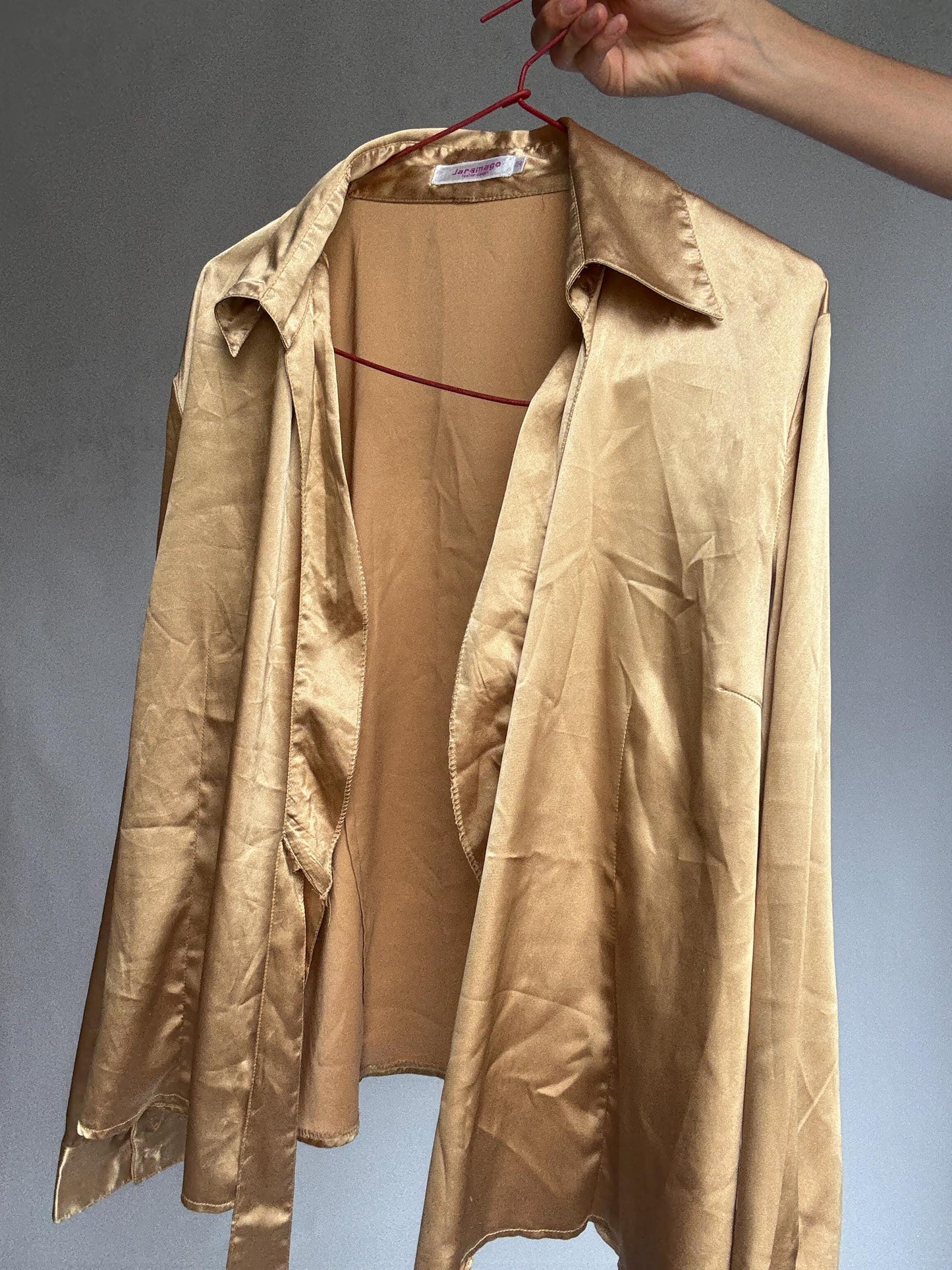 Gold satin wrap blouse by Jaramago – shiny tie-front long sleeve shirt – size 50 – adjustable fit – 100% polyester