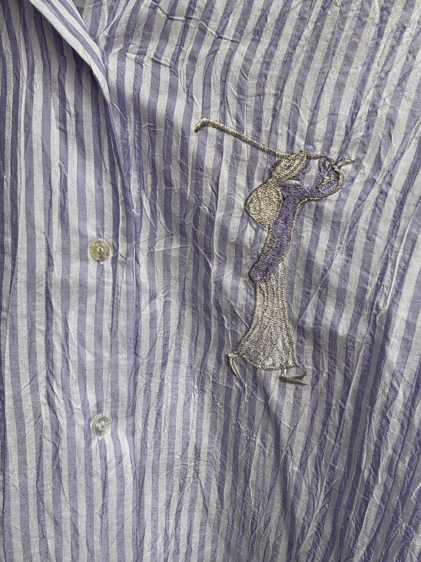 Striped short sleeve blouse with hand embroidery – size 44 – button-up shirt with unique stitched detail – feels synthetic