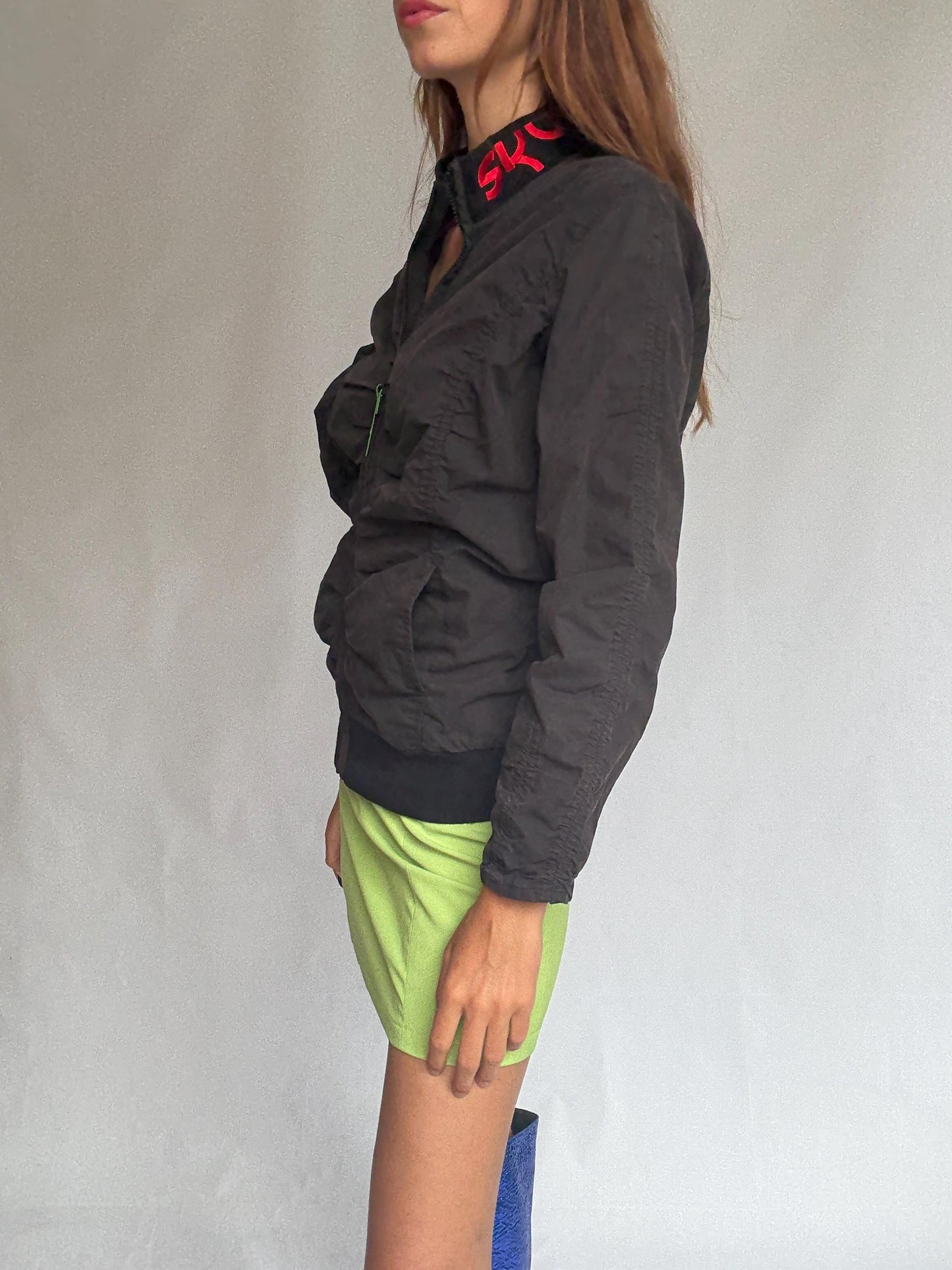 Skunkfunk zip-up bomber jacket – ruched black jacket in cotton blend – YKK zipper – sustainable design from the Basque Country