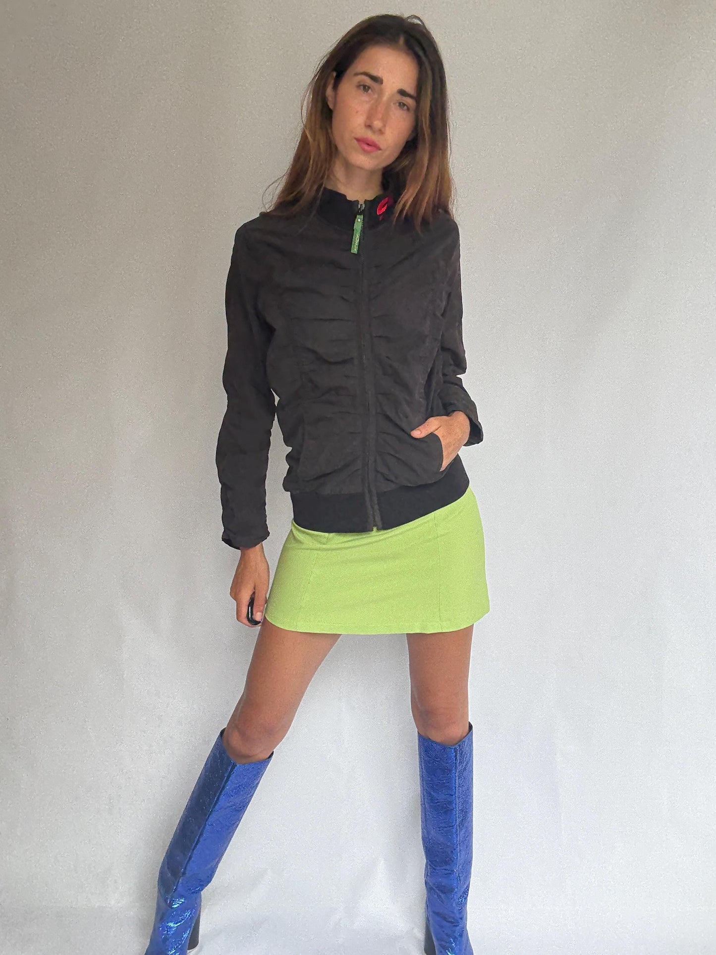 Skunkfunk zip-up bomber jacket – ruched black jacket in cotton blend – YKK zipper – sustainable design from the Basque Country