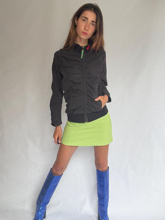 Skunkfunk zip-up bomber jacket – ruched black jacket in cotton blend – YKK zipper – sustainable design from the Basque Country