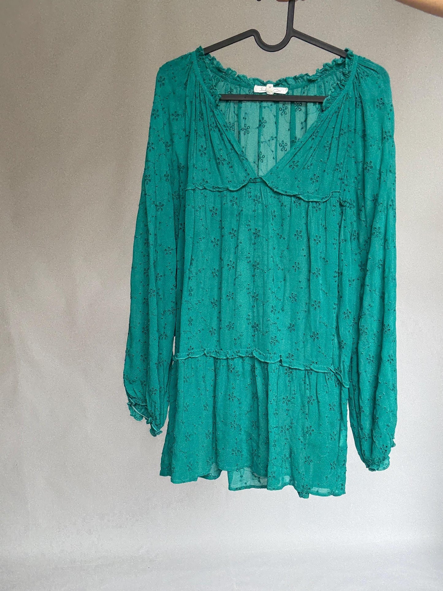 Sheer green mini dress by Southern Cotton – romantic boho summer style, soft flowy fit, perfect for layering or beachwear, size M