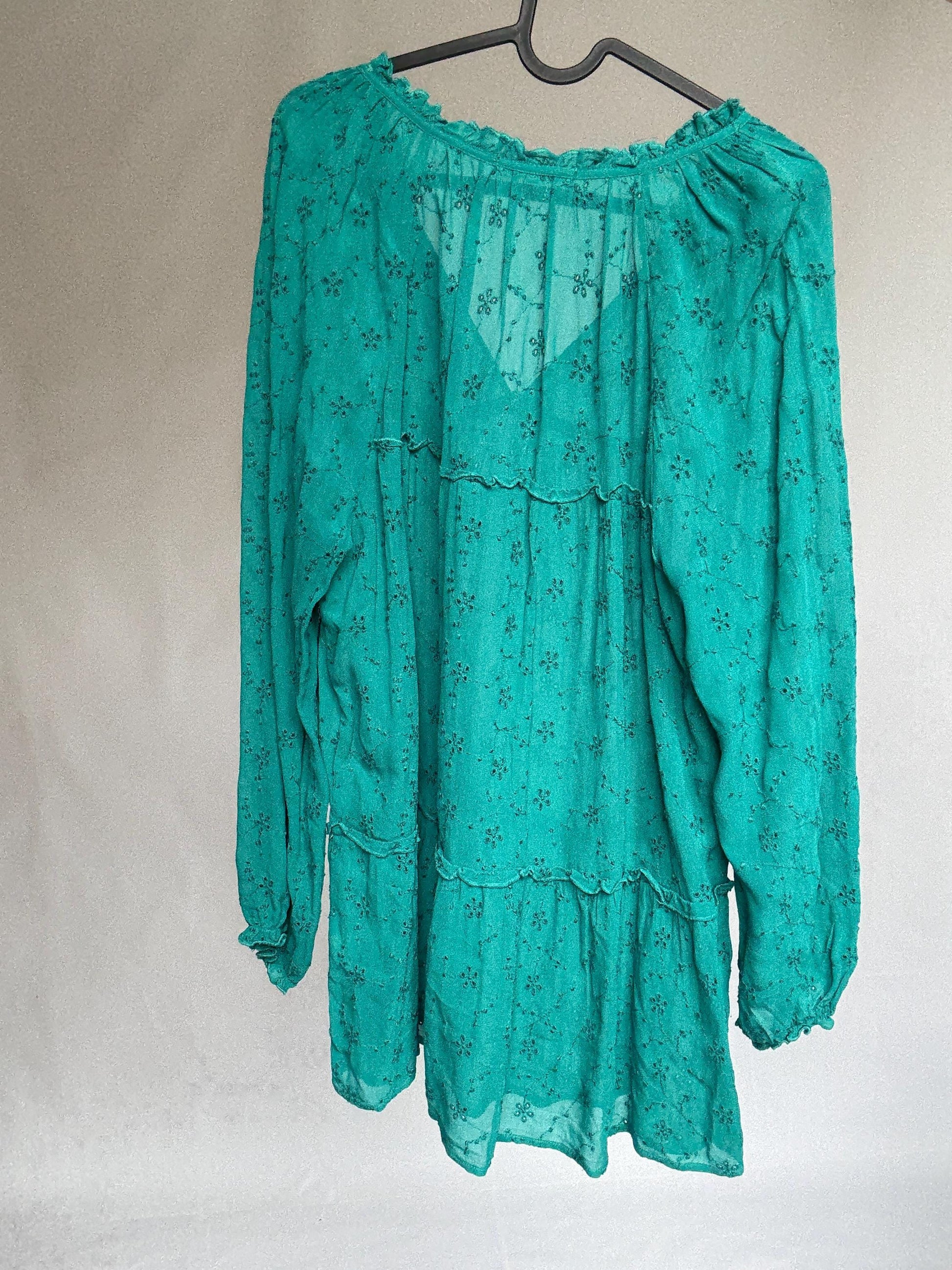 Sheer green mini dress by Southern Cotton – romantic boho summer style, soft flowy fit, perfect for layering or beachwear, size M