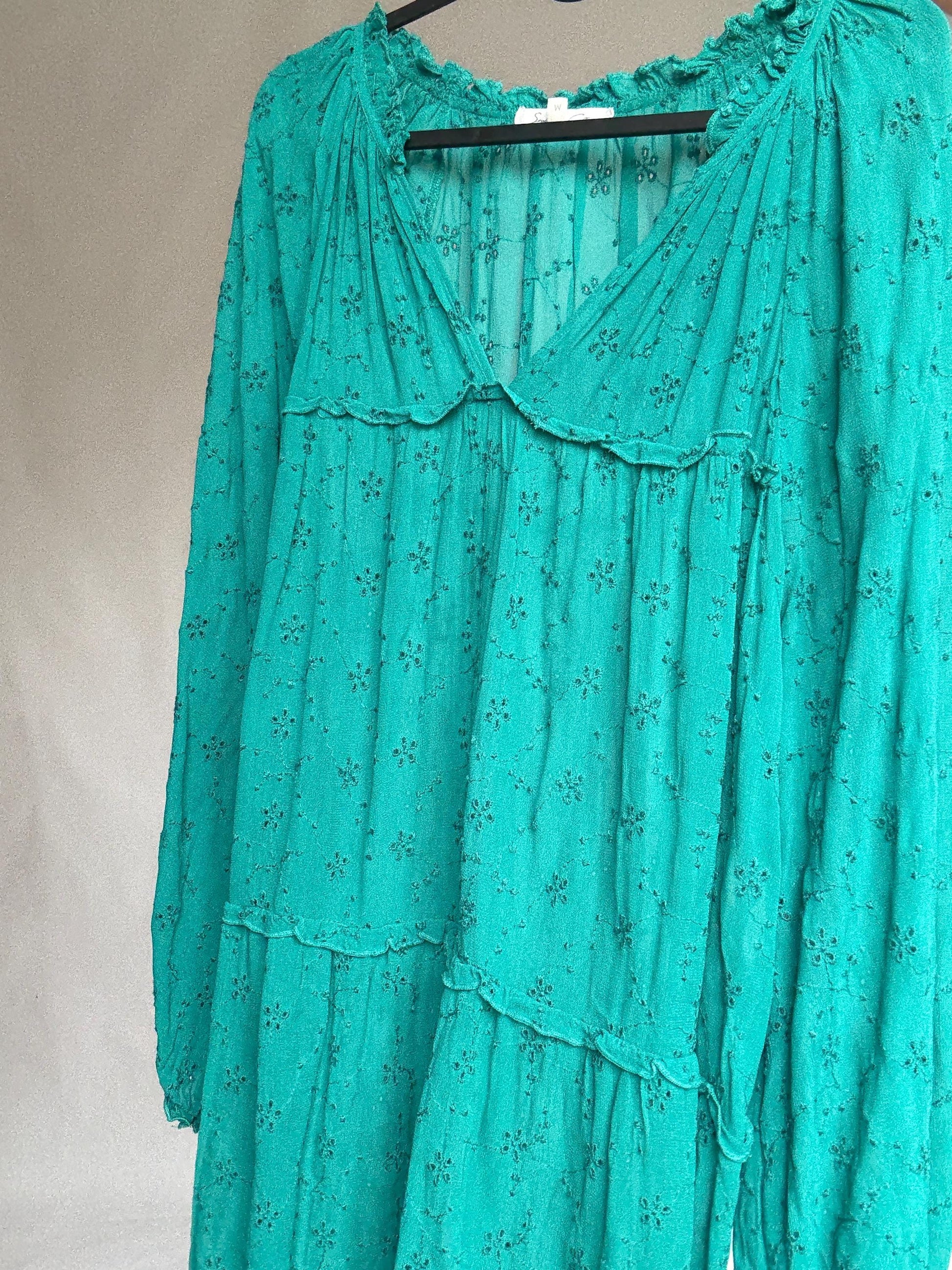 Sheer green mini dress by Southern Cotton – romantic boho summer style, soft flowy fit, perfect for layering or beachwear, size M