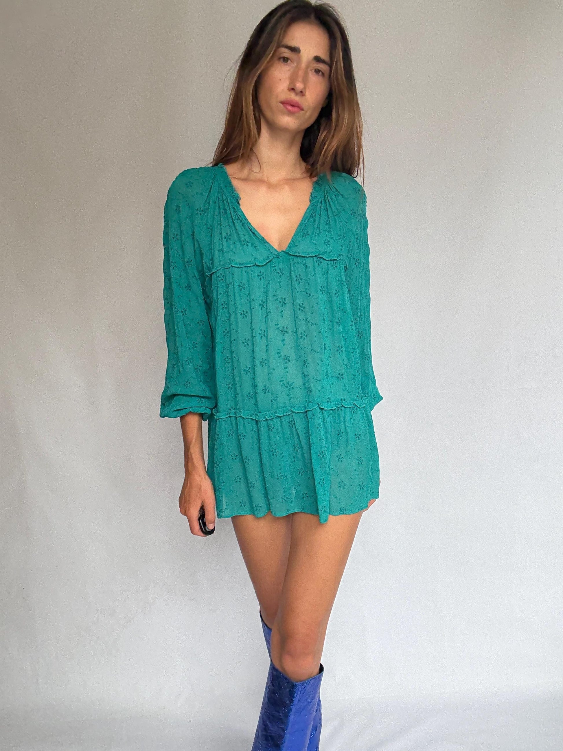 Sheer green mini dress by Southern Cotton – romantic boho summer style, soft flowy fit, perfect for layering or beachwear, size M