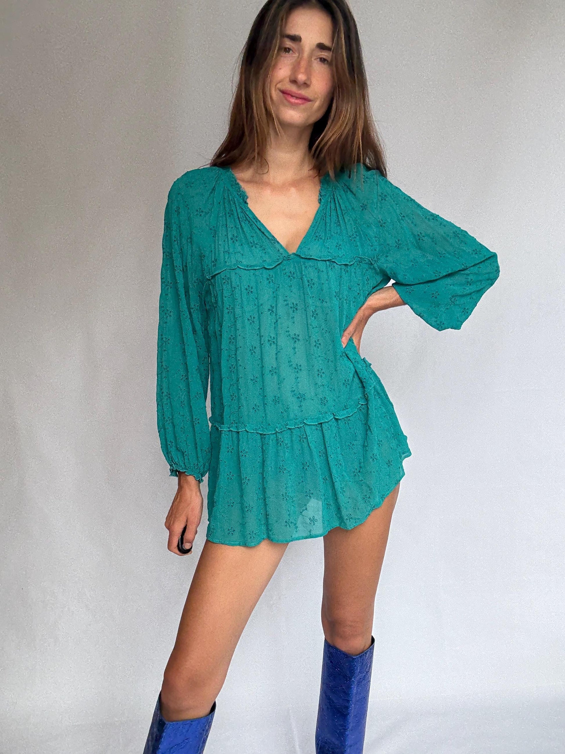 Sheer green mini dress by Southern Cotton – romantic boho summer style, soft flowy fit, perfect for layering or beachwear, size M