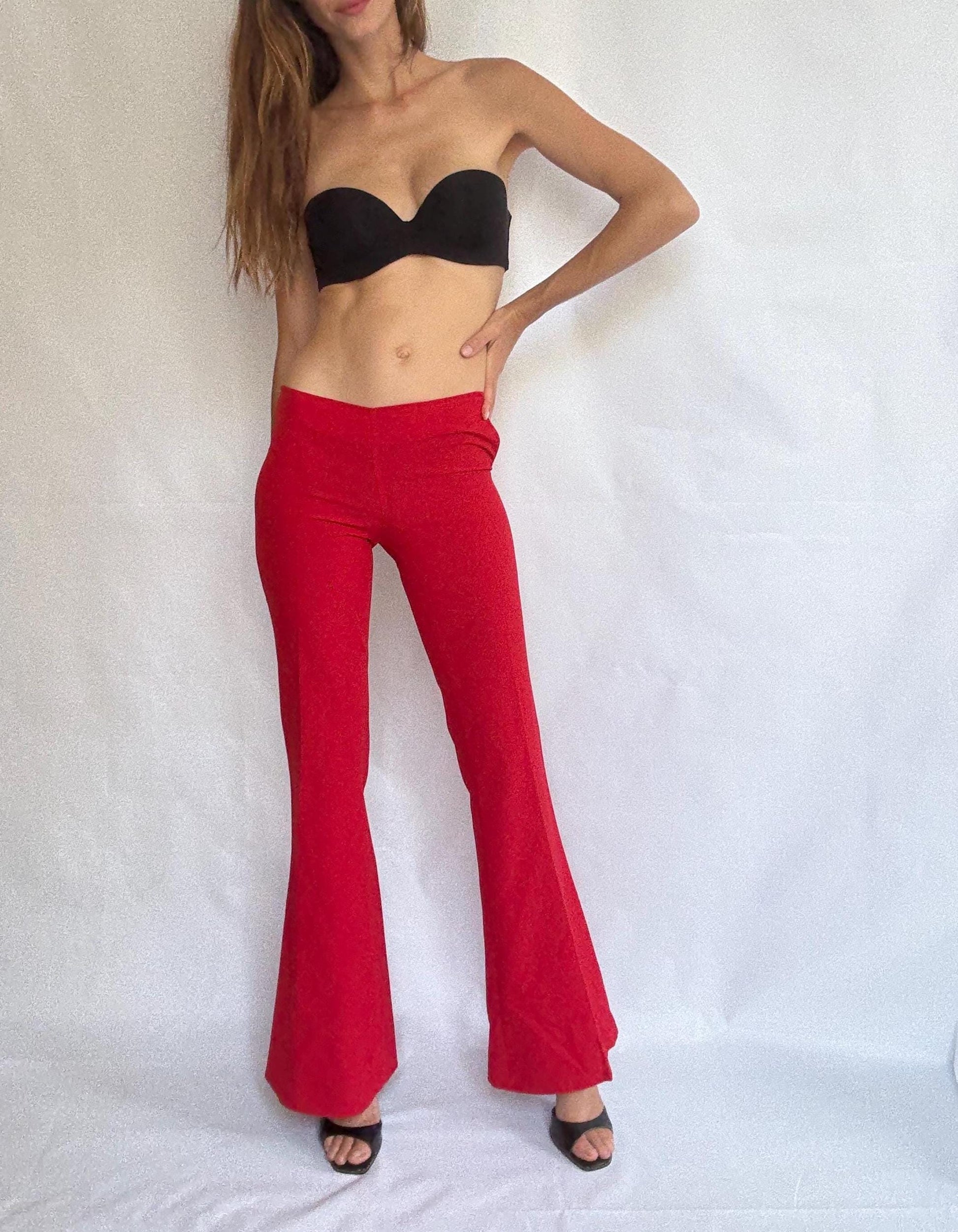 Vintage red flared trousers by Sparring Spain – high waist pants with side zipper – wide leg 70s style statement bottoms size 34