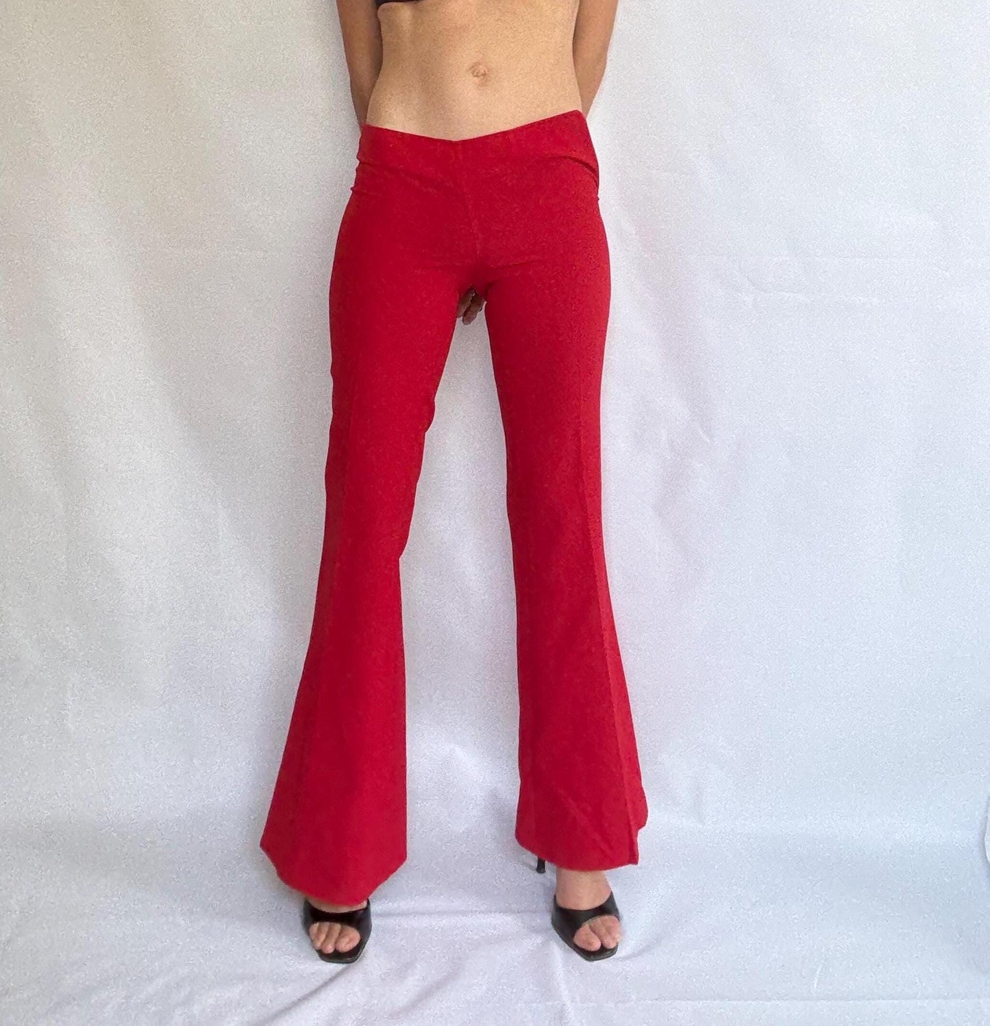 Vintage red flared trousers by Sparring Spain – high waist pants with side zipper – wide leg 70s style statement bottoms size 34