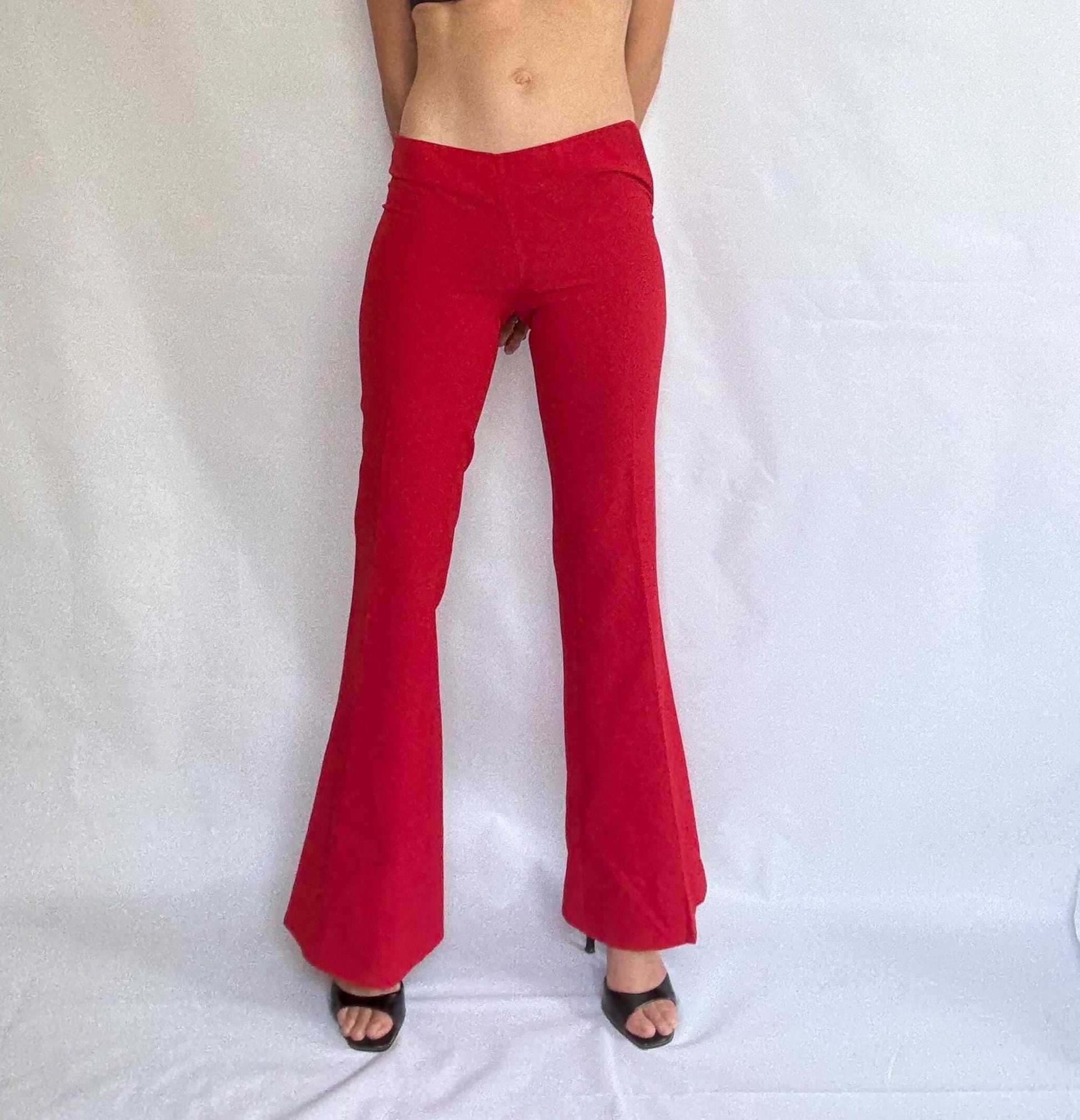 Vintage red flared trousers by Sparring Spain – high waist pants with side zipper – wide leg 70s style statement bottoms size 34