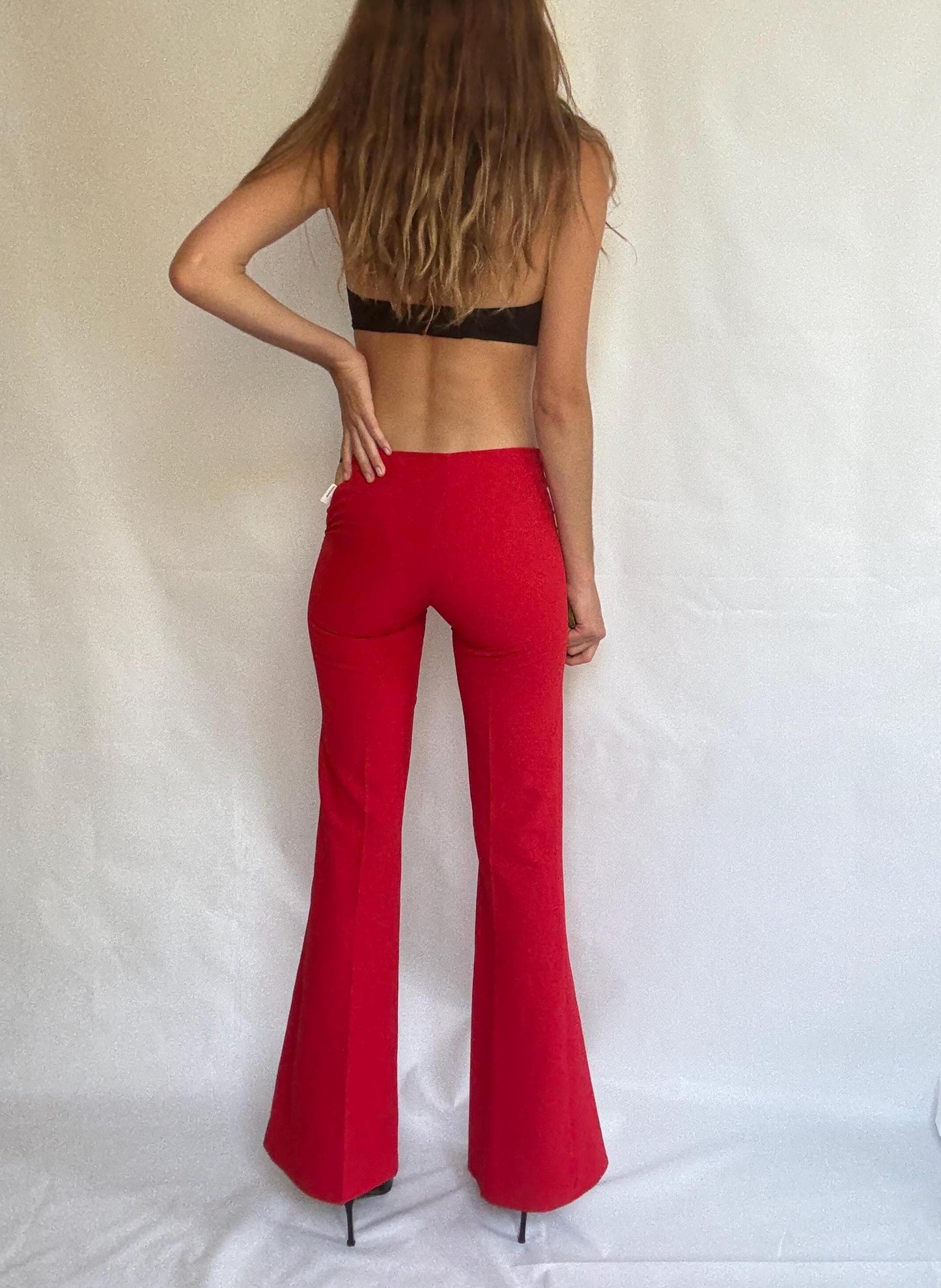 Vintage red flared trousers by Sparring Spain – high waist pants with side zipper – wide leg 70s style statement bottoms size 34