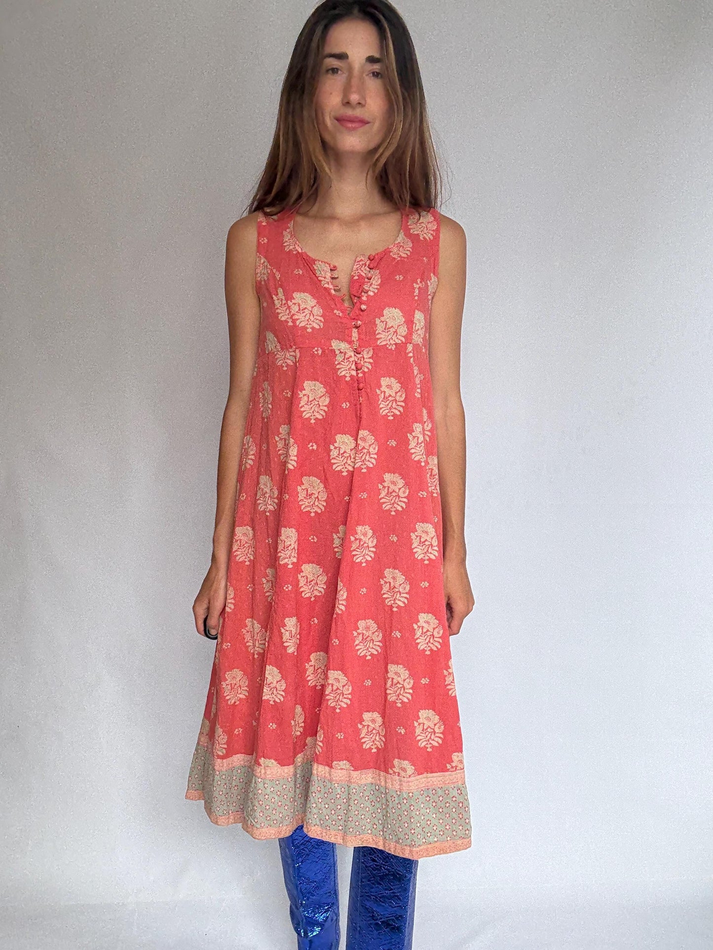 Fabindia sleeveless cotton midi dress – coral floral print – size S slim fit – boho summer dress in breathable fabric