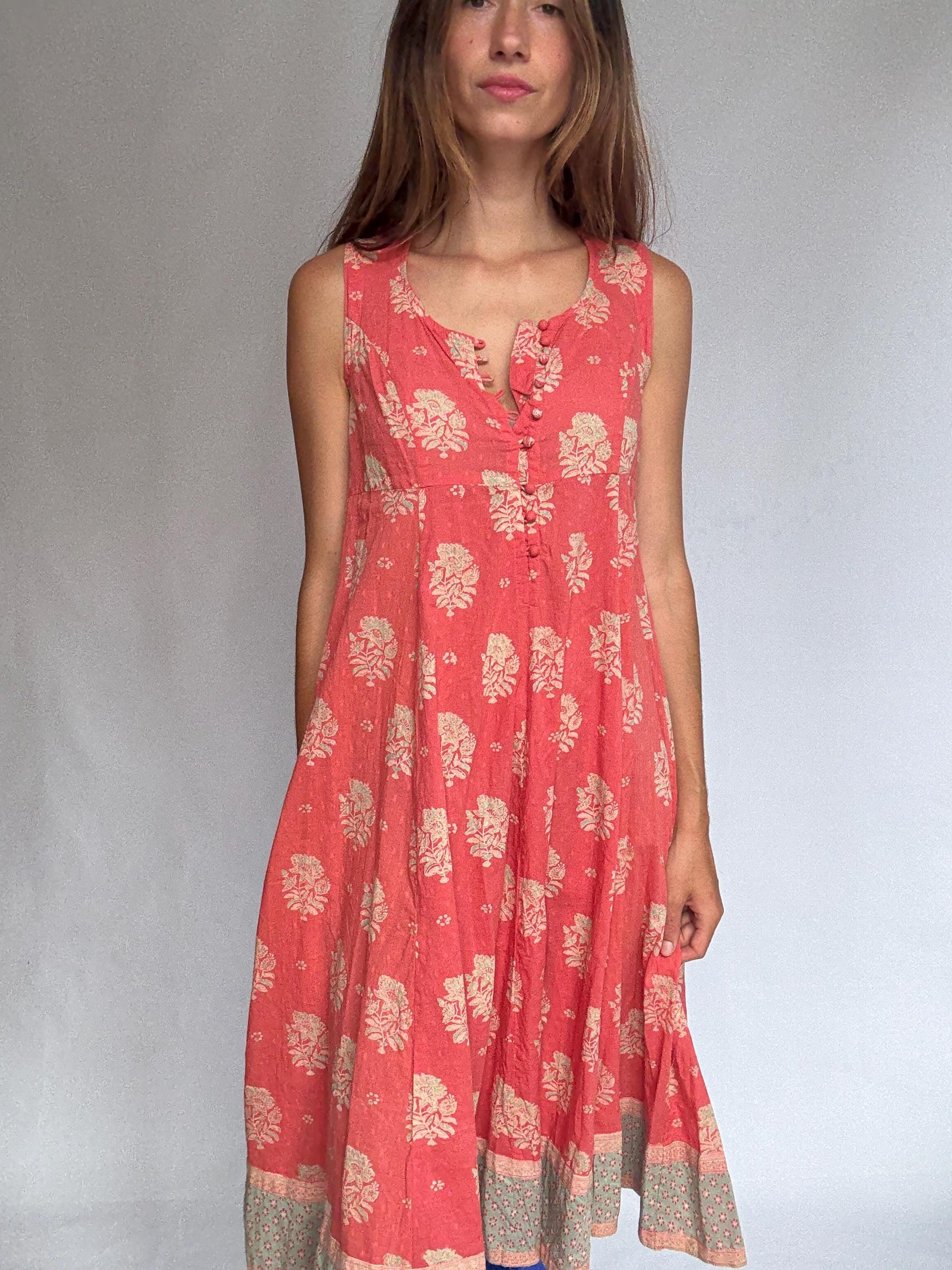 Fabindia sleeveless cotton midi dress – coral floral print – size S slim fit – boho summer dress in breathable fabric