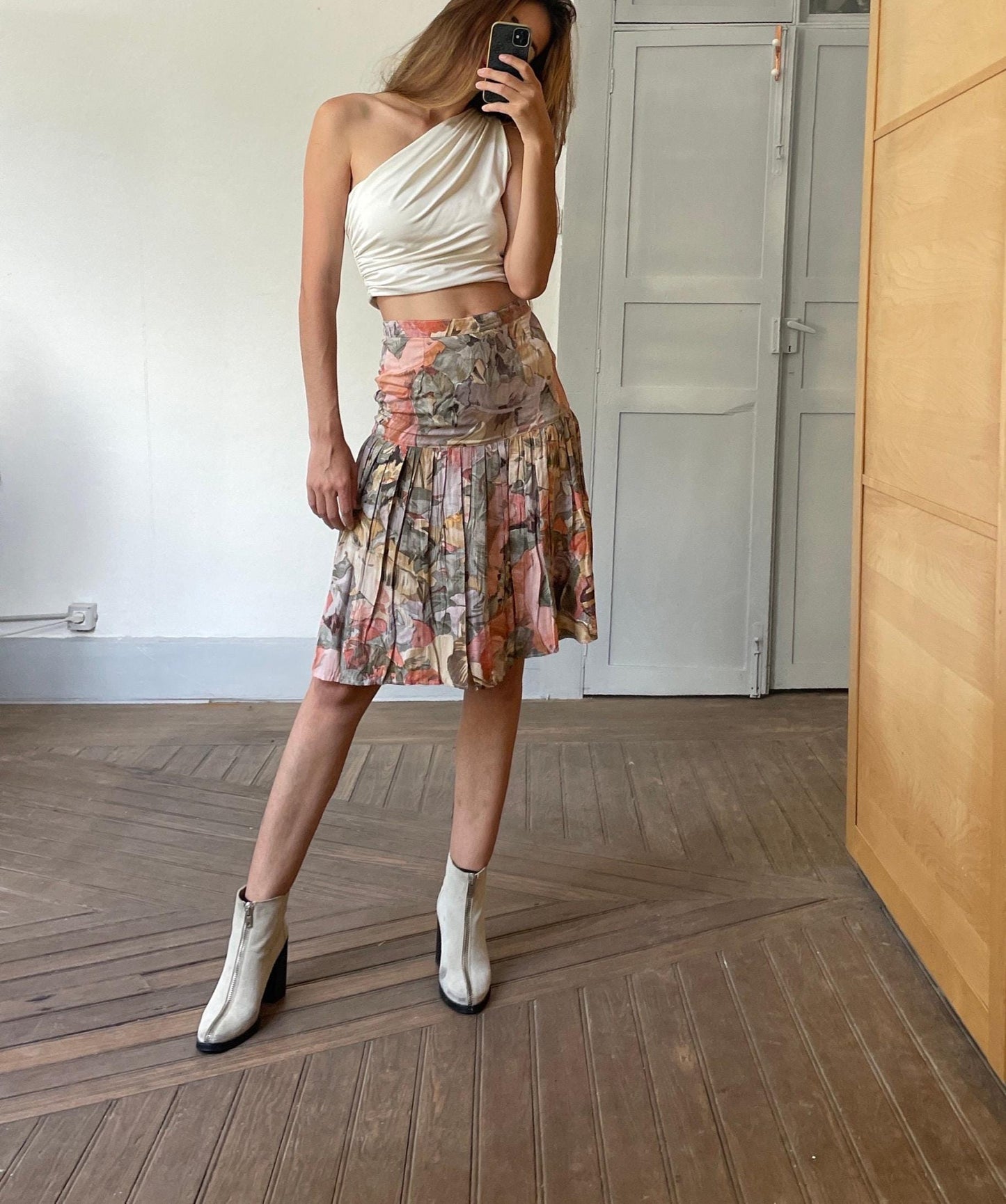 Vintage handmade floral summer skirt, Cute lightweight pleated skirt, Handmade antique woman clothing