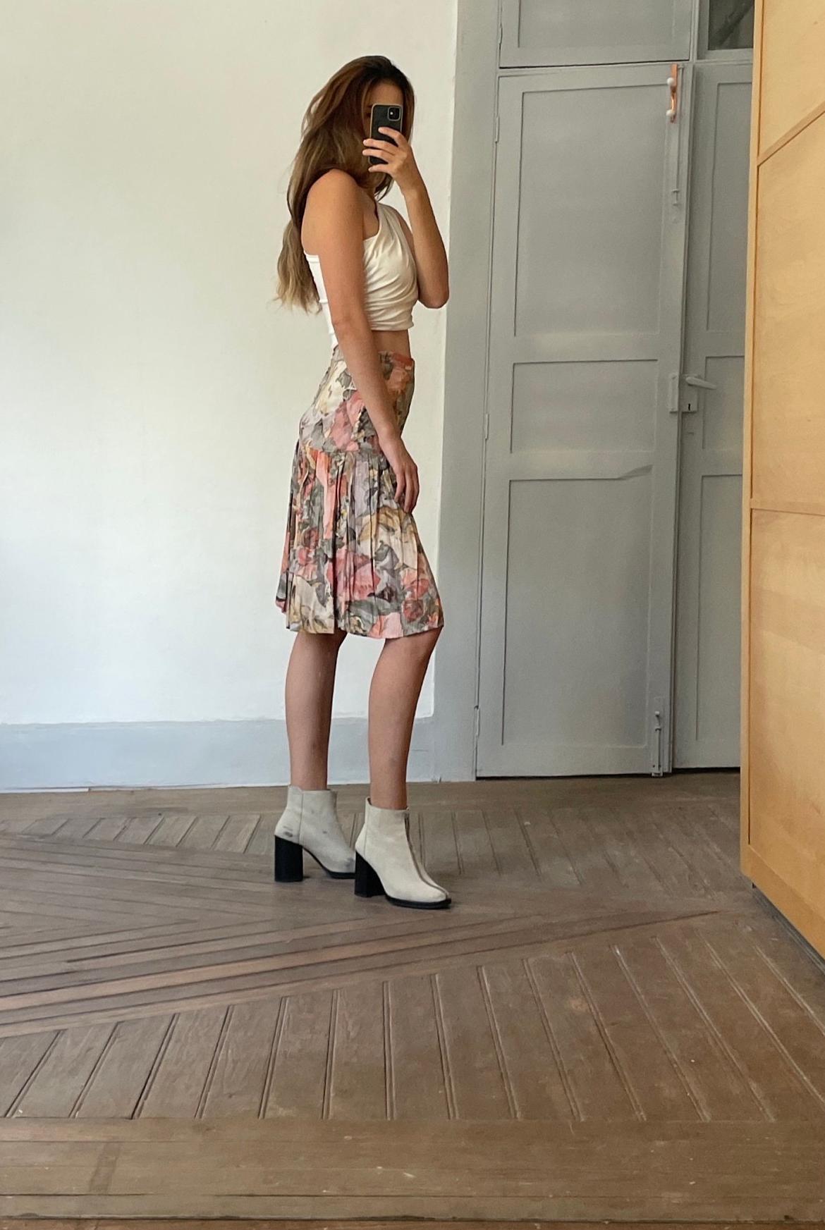 Vintage handmade floral summer skirt, Cute lightweight pleated skirt, Handmade antique woman clothing