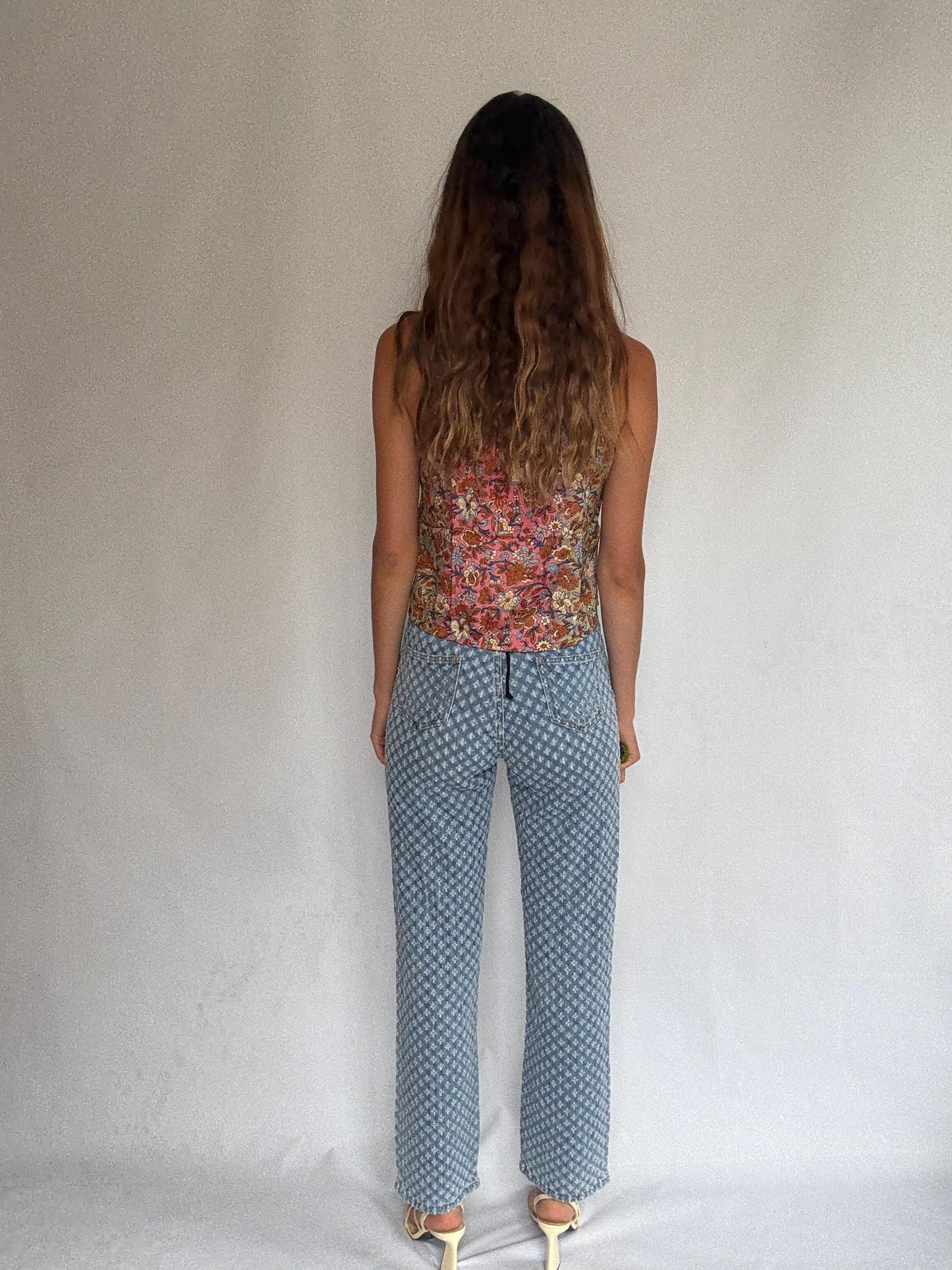 See See Paris textured denim jeans – light wash cotton blend with floral eyelet design, comfy everyday fit, straight leg, size M