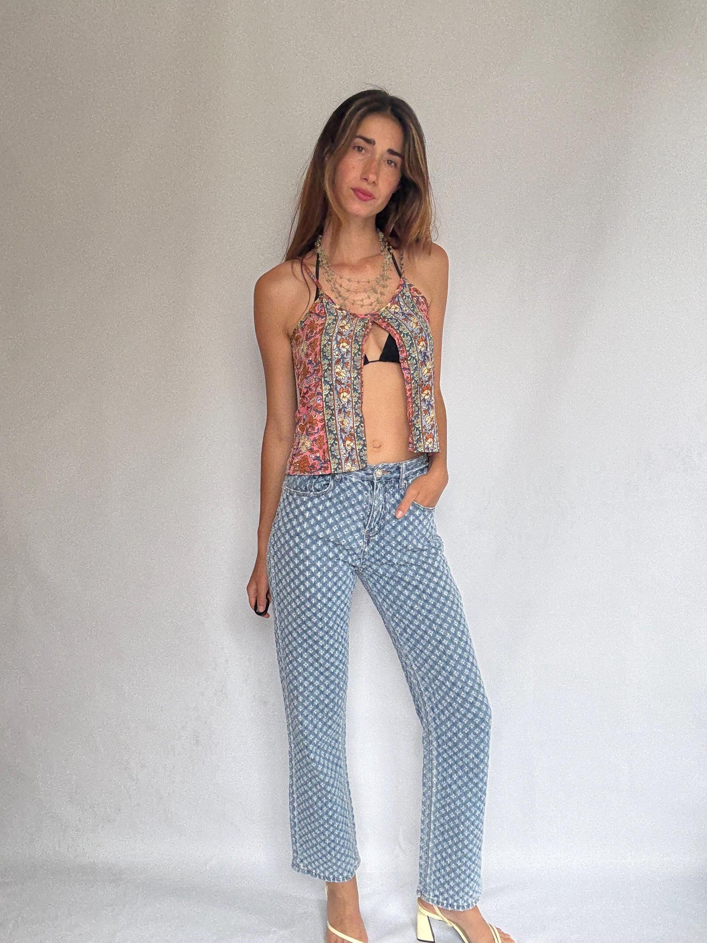 See See Paris textured denim jeans – light wash cotton blend with floral eyelet design, comfy everyday fit, straight leg, size M