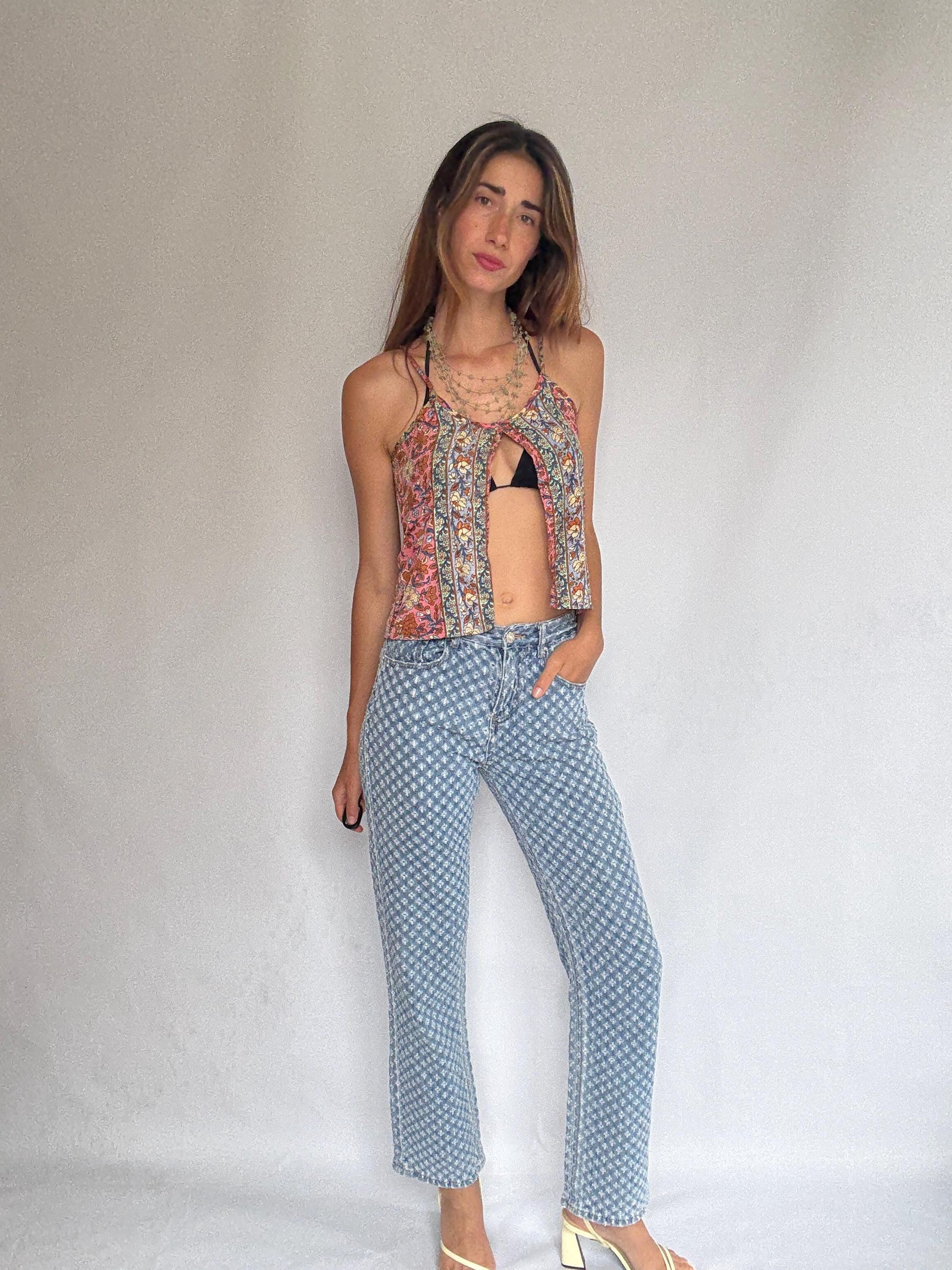 See See Paris textured denim jeans – light wash cotton blend with floral eyelet design, comfy everyday fit, straight leg, size M