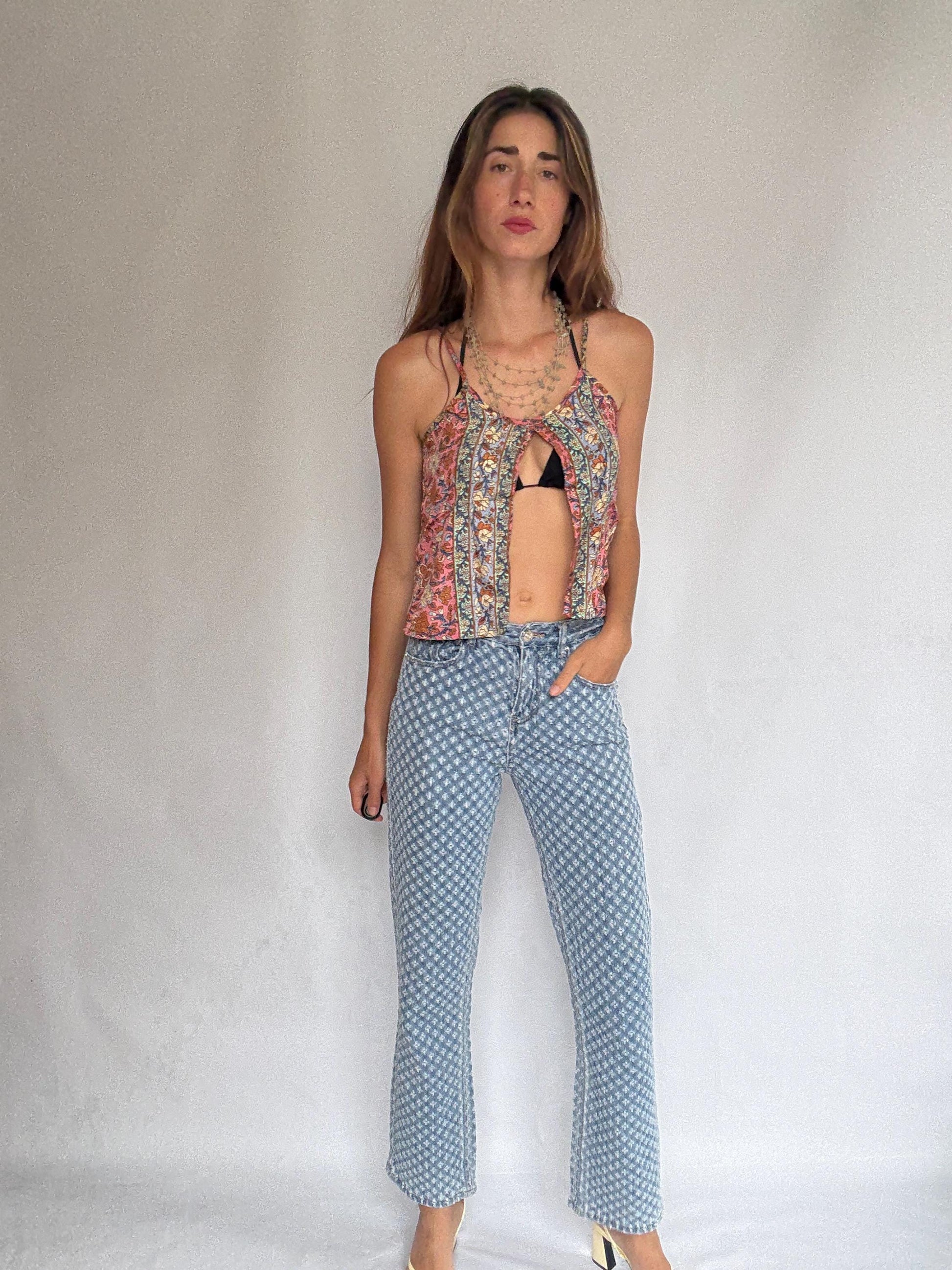 See See Paris textured denim jeans – light wash cotton blend with floral eyelet design, comfy everyday fit, straight leg, size M