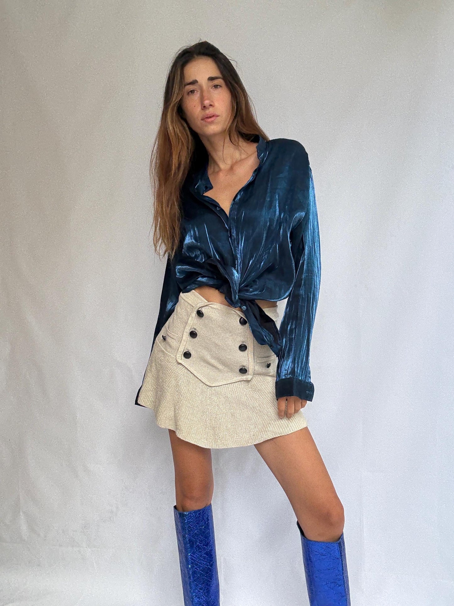 Vintage blue satin blouse by Peage Russo – fluid sheen button up – size 32 – flowy blouse, preppy outfit, special occasion