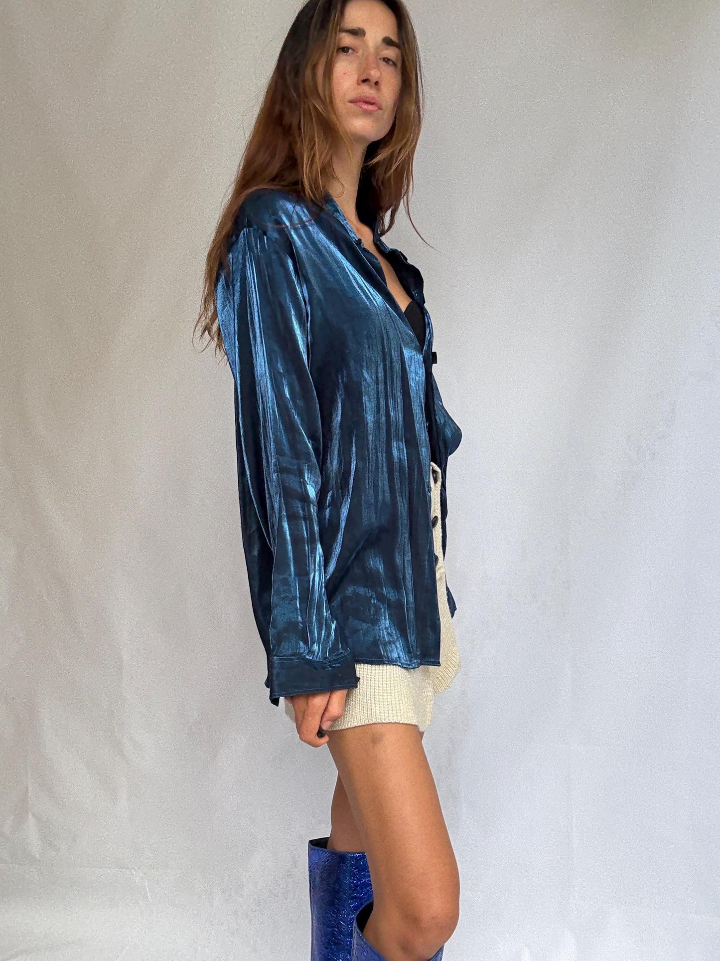 Vintage blue satin blouse by Peage Russo – fluid sheen button up – size 32 – flowy blouse, preppy outfit, special occasion