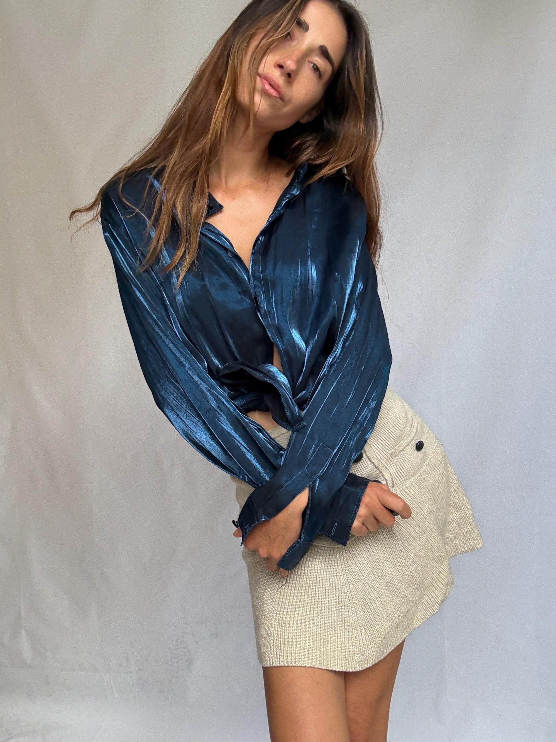 Vintage blue satin blouse by Peage Russo – fluid sheen button up – size 32 – flowy blouse, preppy outfit, special occasion