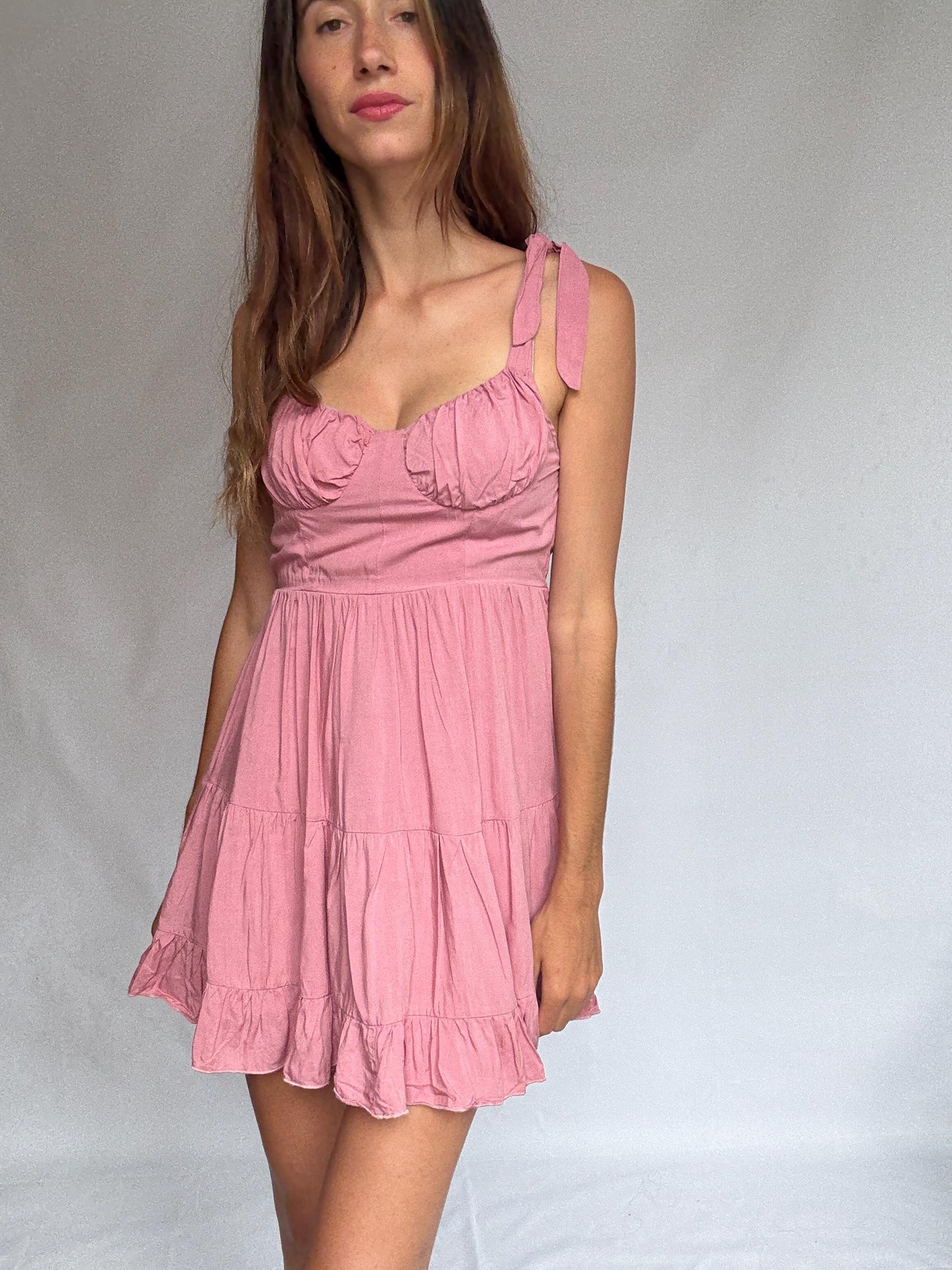 Pink 100% cotton mini dress with adjustable straps and back zip – ruffled hem summer dress with structured bust
