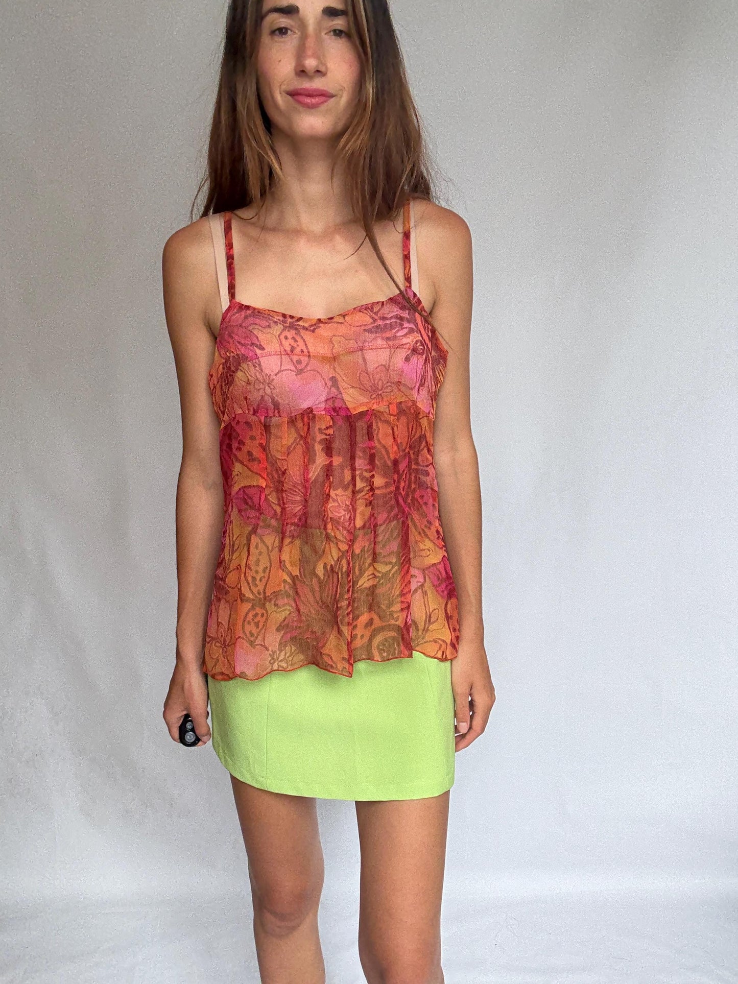 Sheer Floral Tank Top Patrice Bréal Size 42 – Sleeveless Flowy Blouse Pink Orange Tones Summer Layering Tee