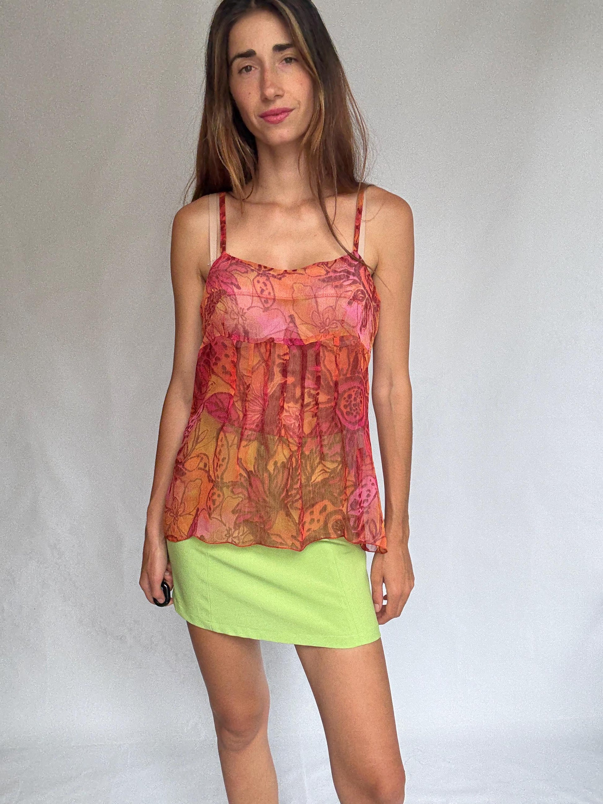 Sheer Floral Tank Top Patrice Bréal Size 42 – Sleeveless Flowy Blouse Pink Orange Tones Summer Layering Tee