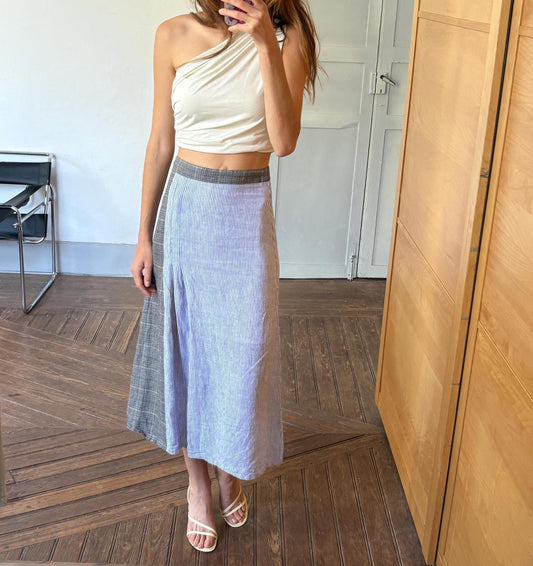 Vintage Black Velvet Circus Wool Linen Midi Skirt, Blue Striped Panel Skirt, Summer High Waist Skirt, Size S