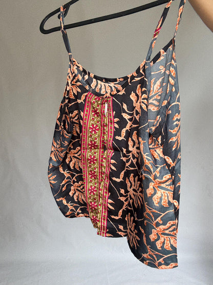 Boho Silk Camisole With Tropical Floral Print — fabric close-up