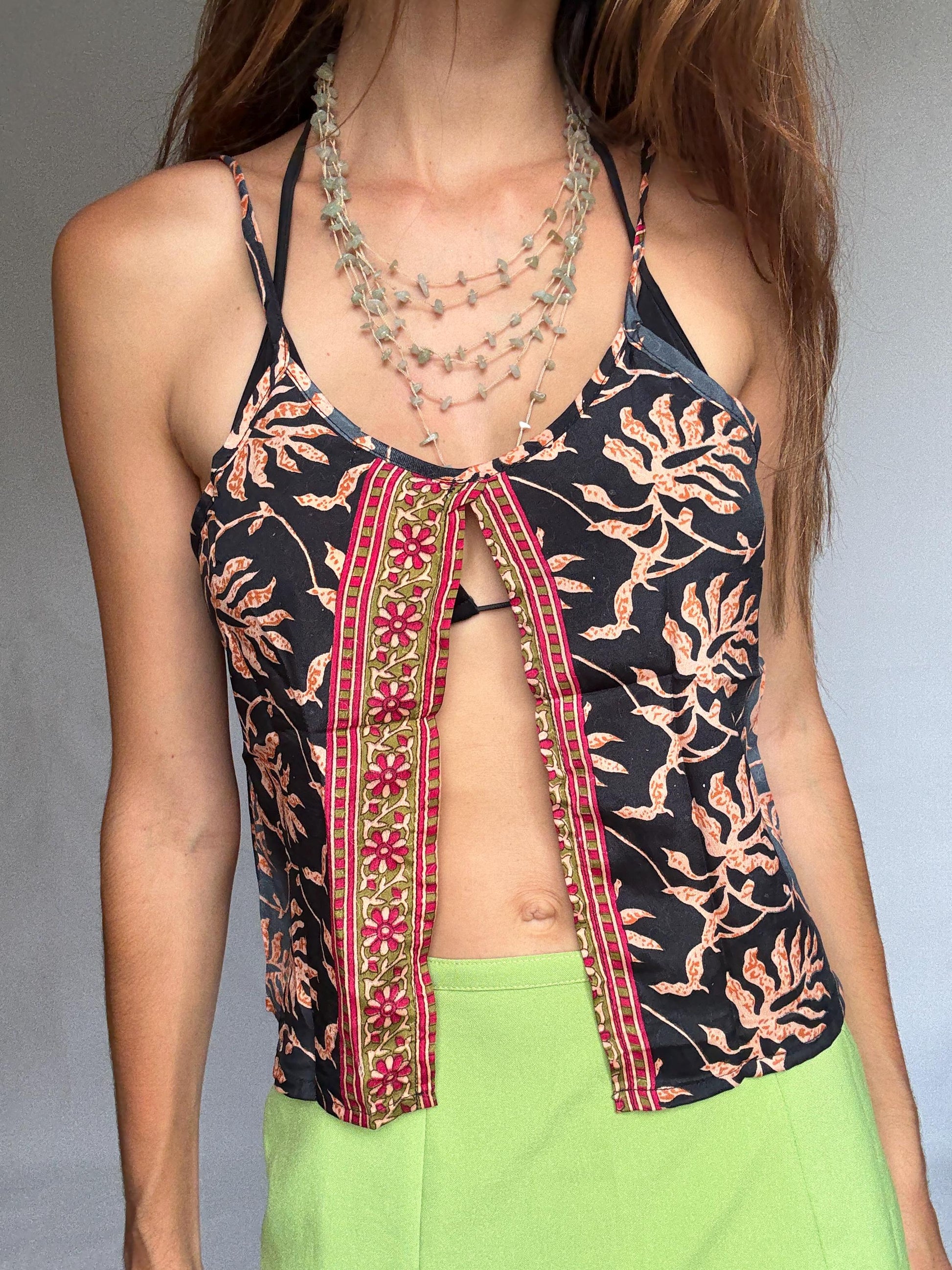 Boho silk camisole top – tropical floral embroidery, open front cut, Coachella-style festival look, 70% silk, fits size S/M, Y2K vibe