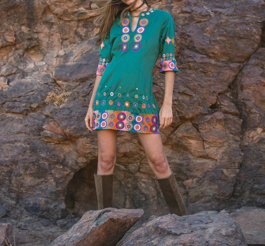 Dark green vintage Kurta, Sequin embroidered tunic, Boho festival outfit, Bohemian dress, Cute ethnographic mini dress