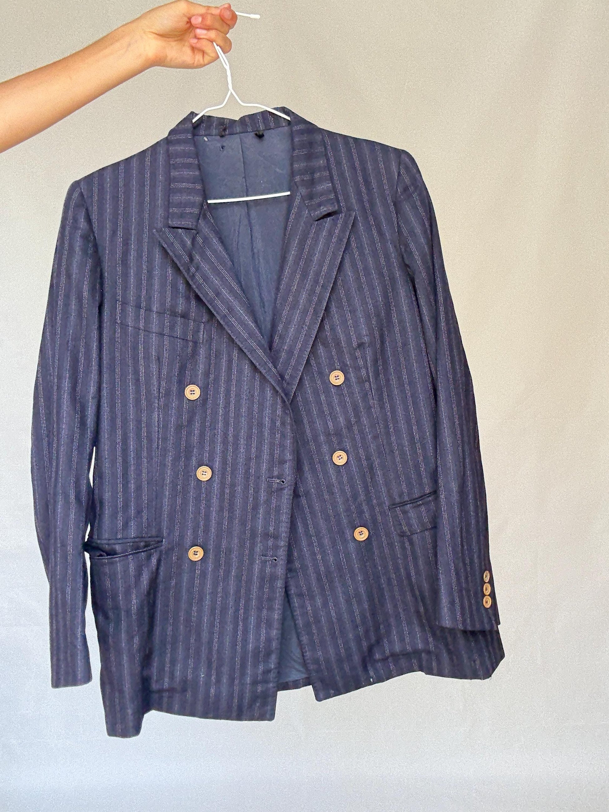 Vintage Francesco Smalto Pinstripe Blazer – Oversized French Navy Blue Unisex Jacket, Isabel Marant Vibes, Parisian Street Style