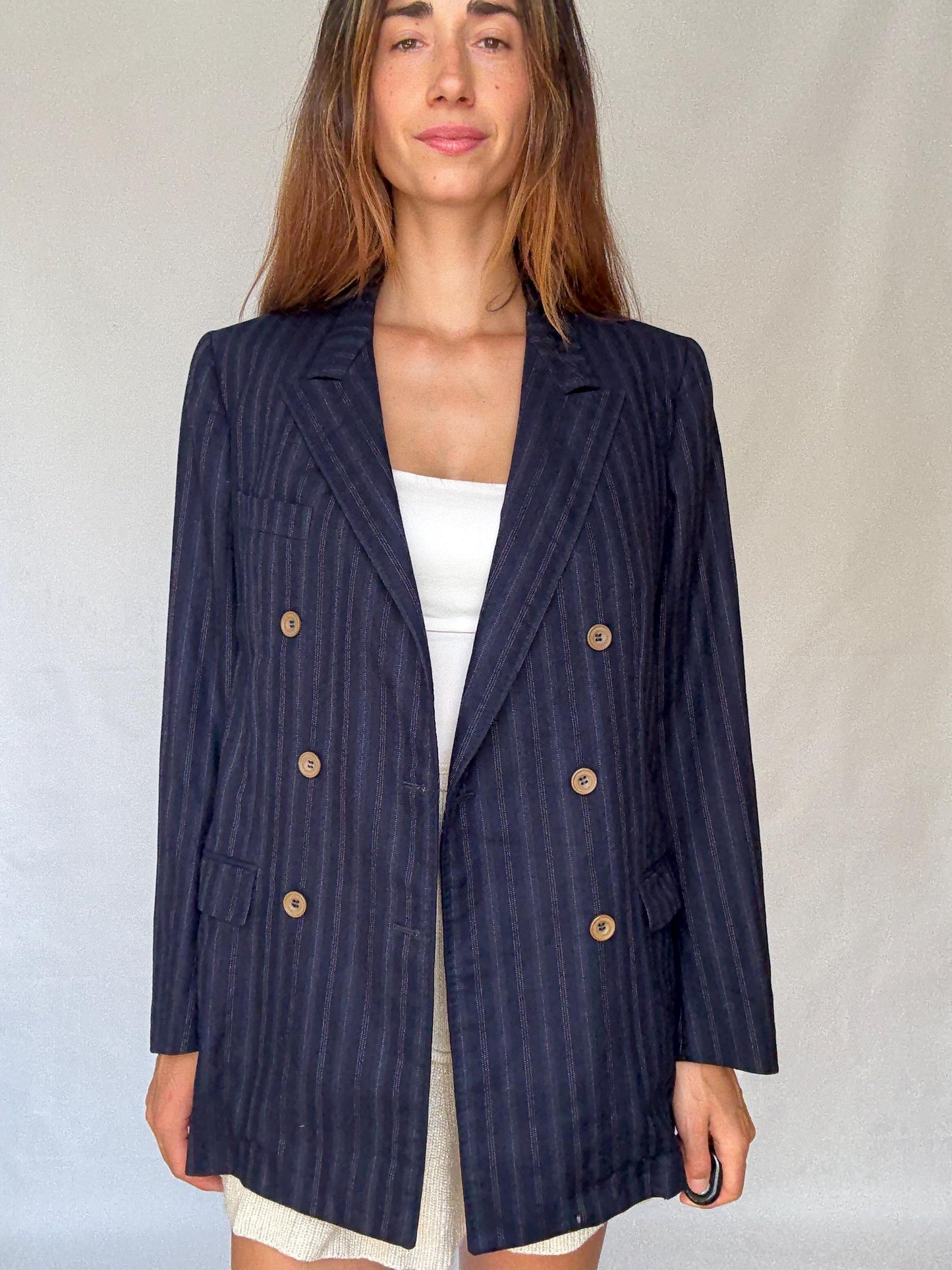 Vintage Francesco Smalto Pinstripe Blazer – Oversized French Navy Blue Unisex Jacket, Isabel Marant Vibes, Parisian Street Style