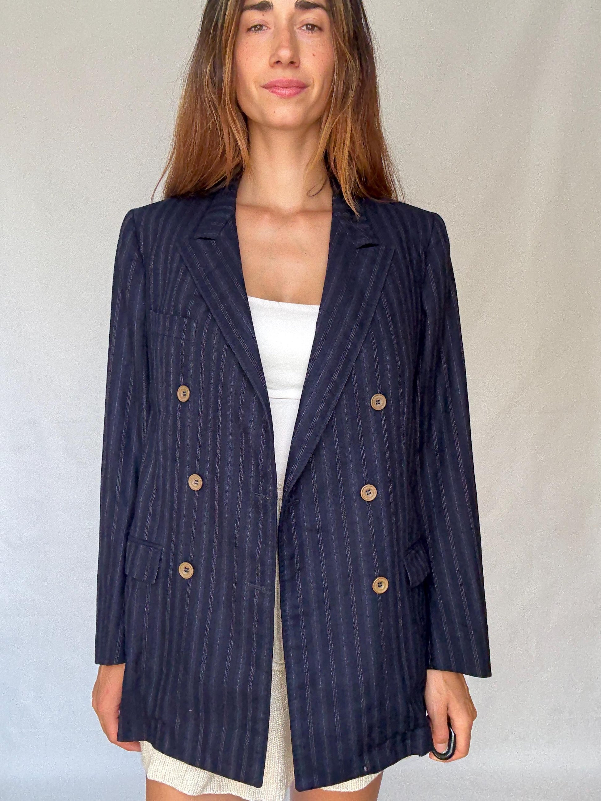 Vintage Francesco Smalto Pinstripe Blazer – Oversized French Navy Blue Unisex Jacket, Isabel Marant Vibes, Parisian Street Style
