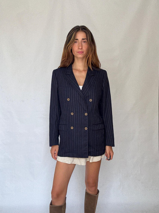 Vintage Francesco Smalto Pinstripe Blazer – Oversized French Navy Blue Unisex Jacket, Isabel Marant Vibes, Parisian Street Style