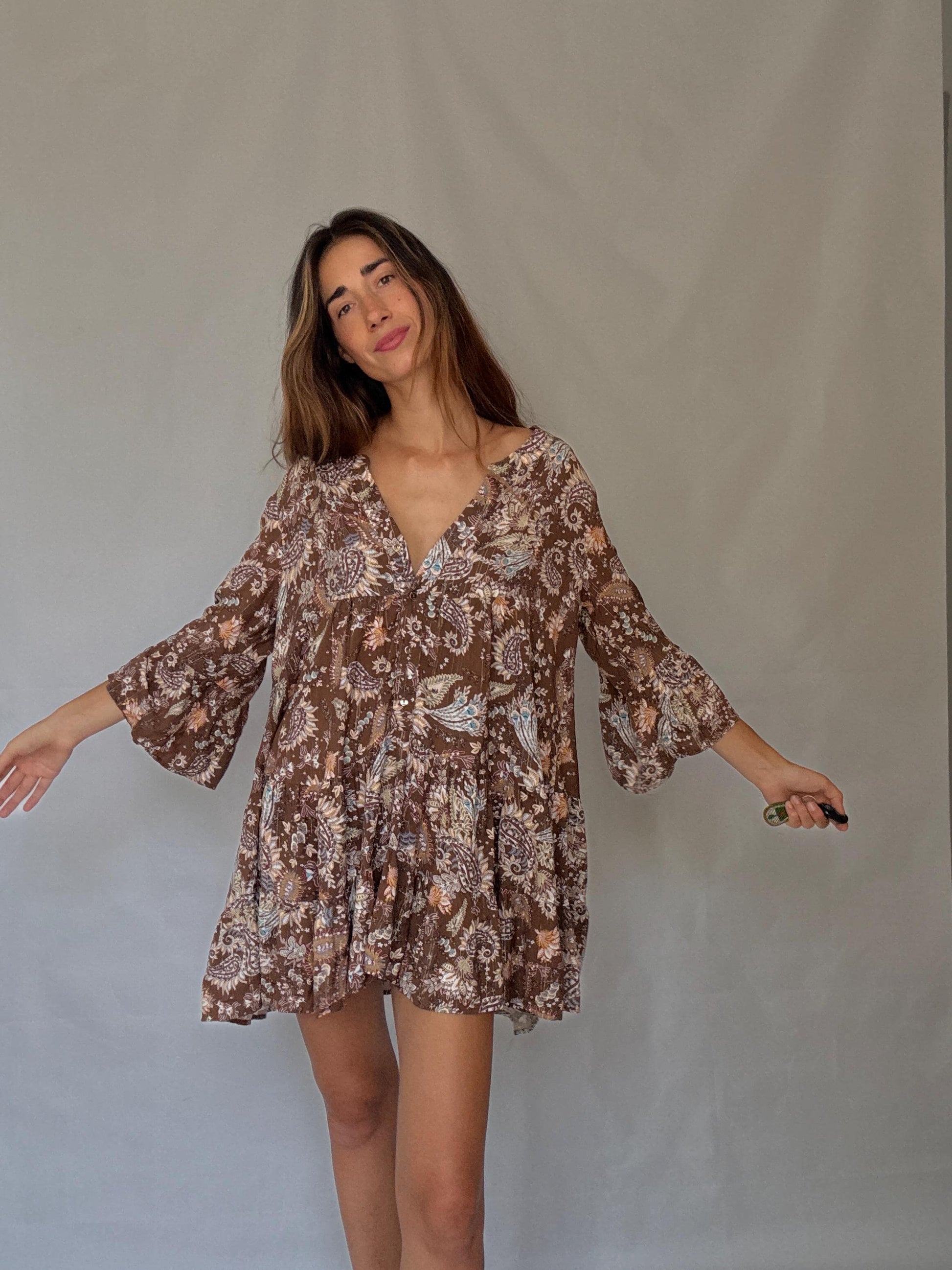 Desert Bloom Mini Dress – Vintage Boho Gold Threaded Floral summer wear(M/L)