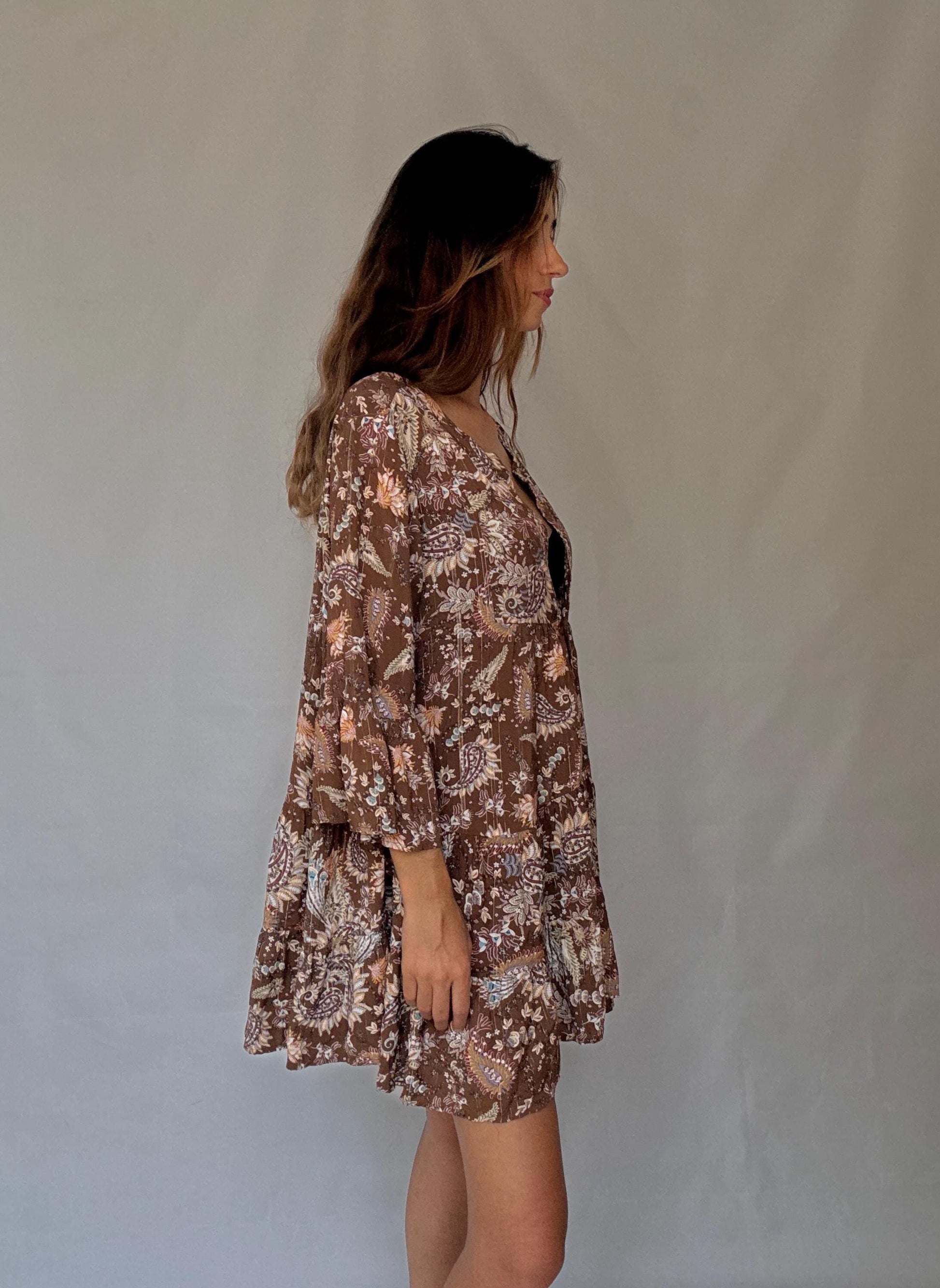 Desert Bloom Mini Dress – Vintage Boho Gold Threaded Floral summer wear(M/L)