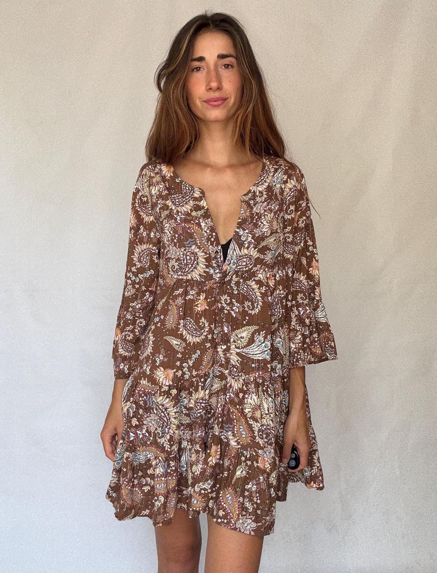 Desert Bloom Mini Dress – Vintage Boho Gold Threaded Floral summer wear(M/L)