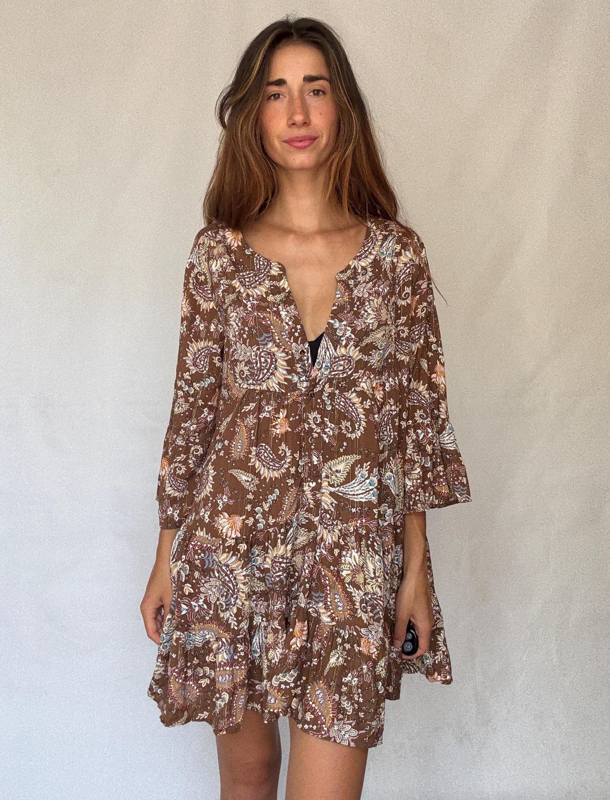Desert Bloom Mini Dress – Vintage Boho Gold Threaded Floral summer wear(M/L)