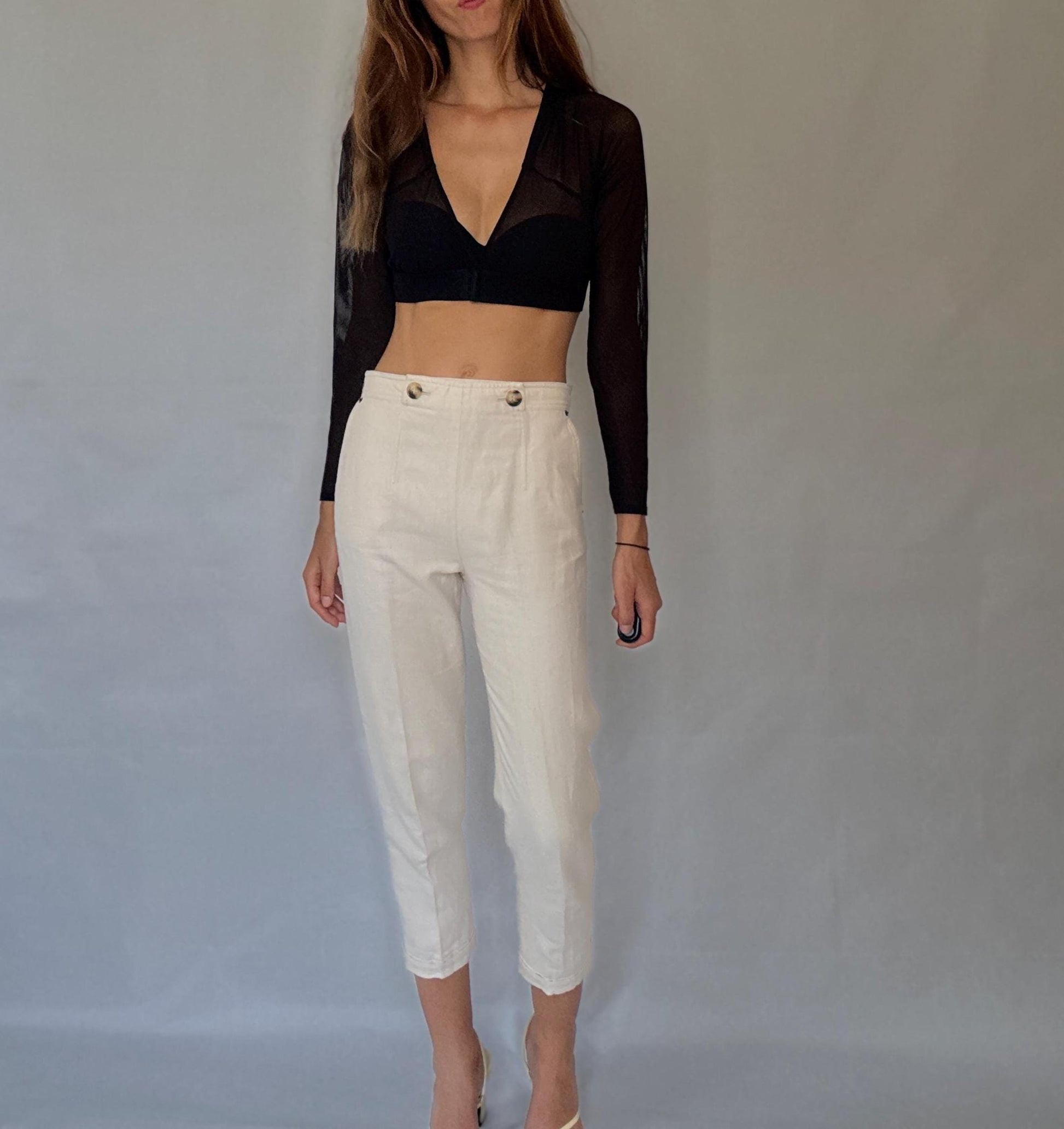High Waist Linen Blend Trousers | Purificación García Vintage | Cream Cotton Linen Pants | Old Money Aesthetic