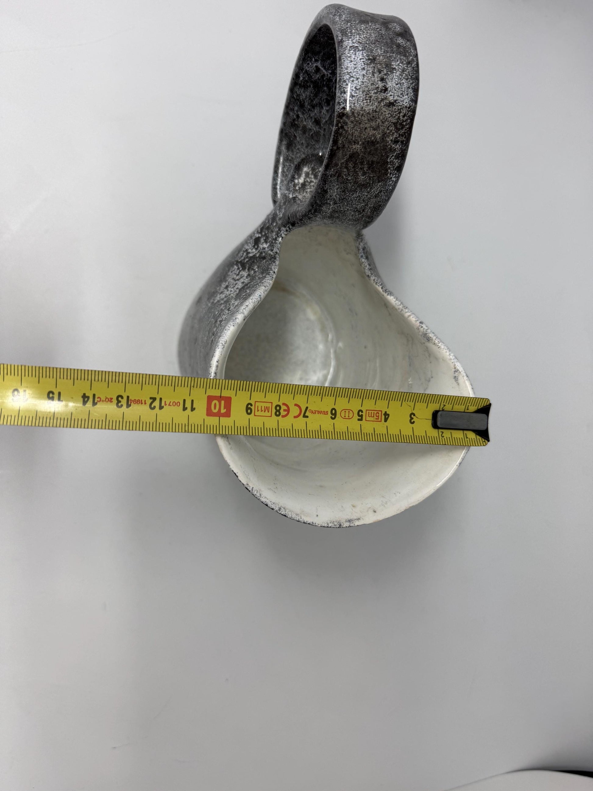 Vintage charcoal speckled ceramic creamer pitcher – sculptural swirl handle – 15cm tall – 10cm top width – rustic kitchen decor