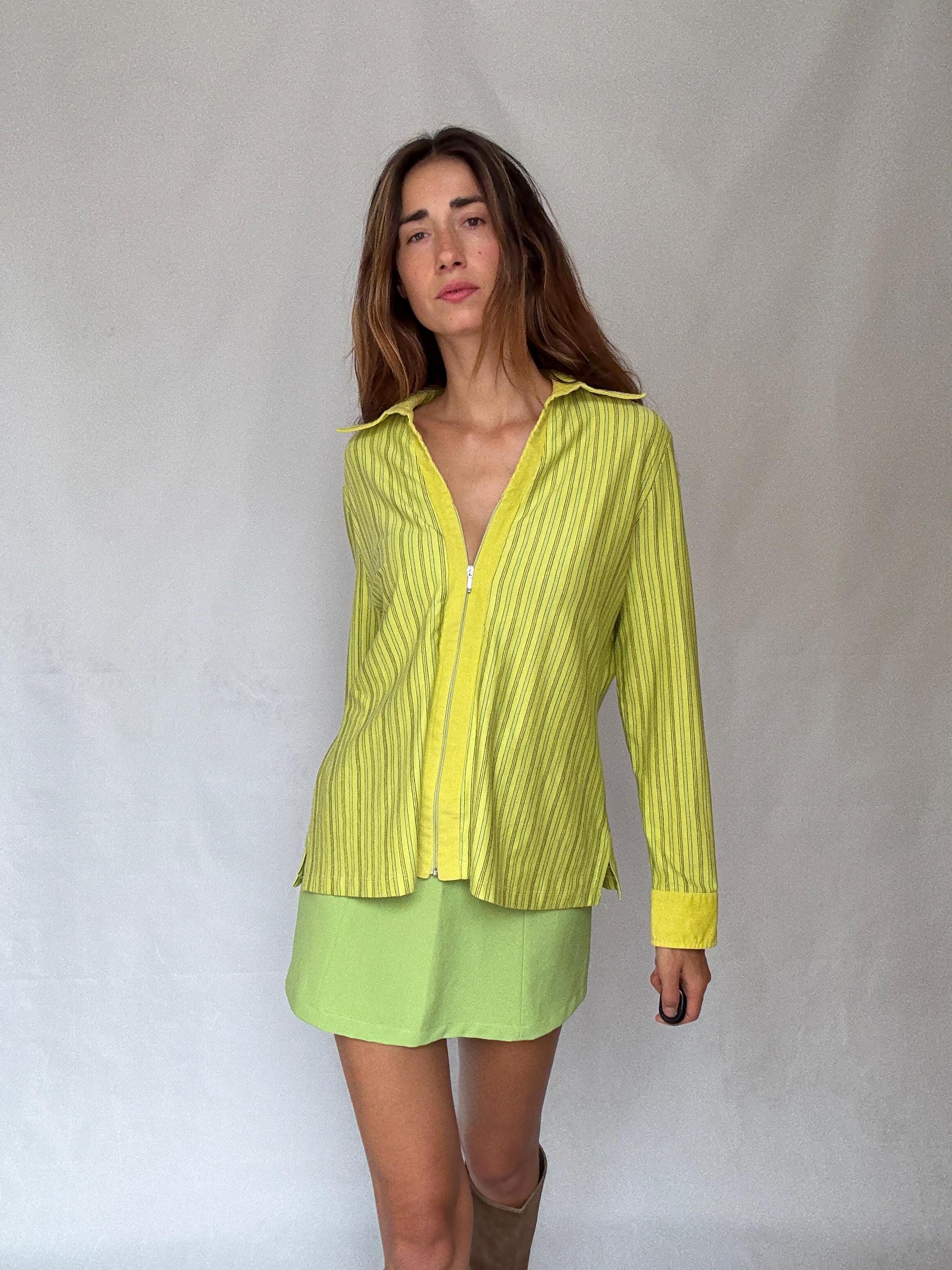 Y2K Lime Zip Shirt | Vintage Green Striped Zip-Up Blouse | 2000s Paris Hilton Meets Indie Sleaze Energy
