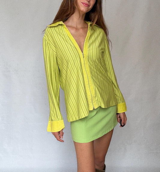 Y2K Lime Zip Shirt | Vintage Green Striped Zip-Up Blouse | 2000s Paris Hilton Meets Indie Sleaze Energy