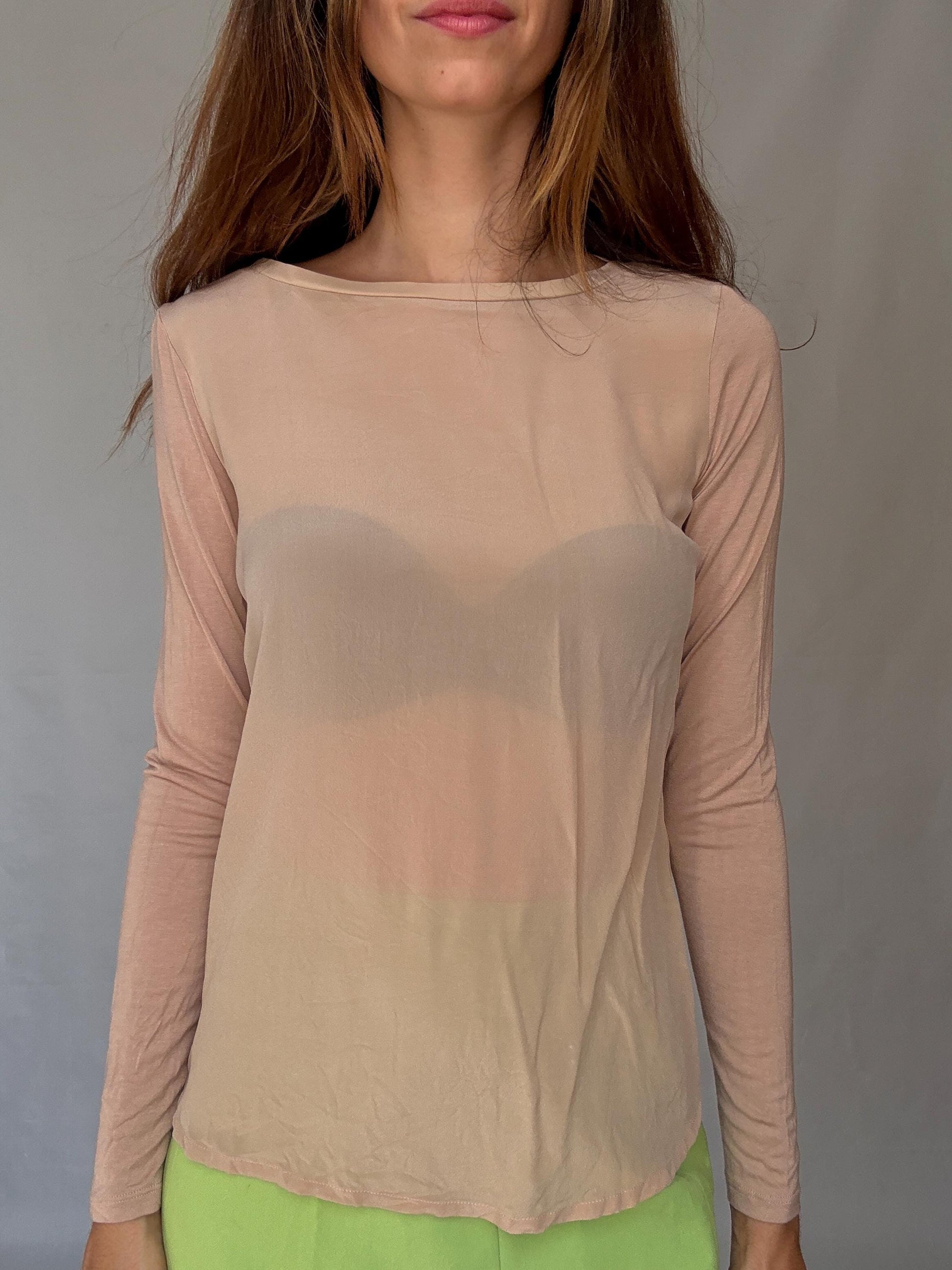 Sheer Nude Long Sleeve | Marella Vintage Designer Mesh Top | Earthy Y2K Minimalist Vibes