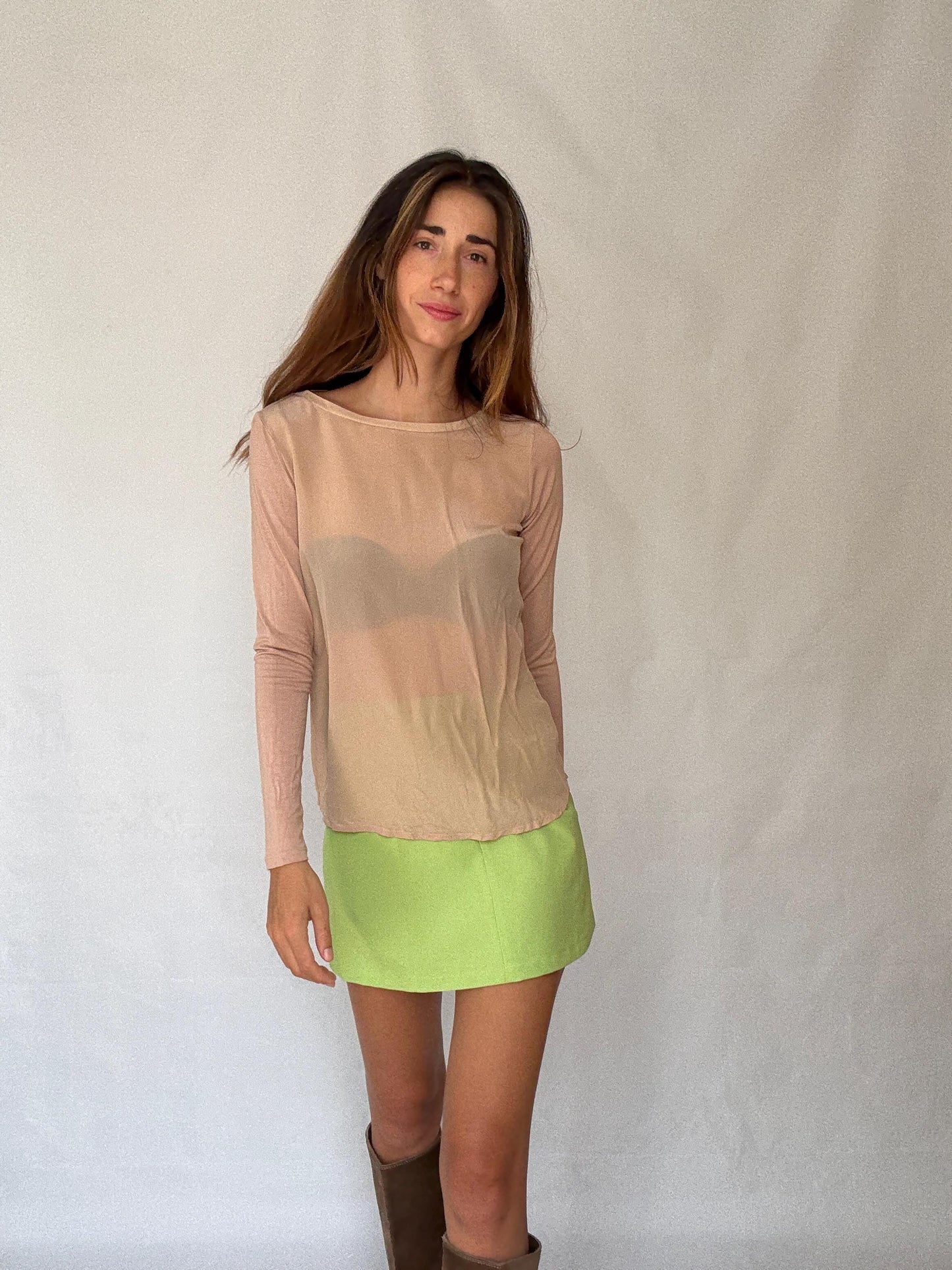 Sheer Nude Long Sleeve | Marella Vintage Designer Mesh Top | Earthy Y2K Minimalist Vibes