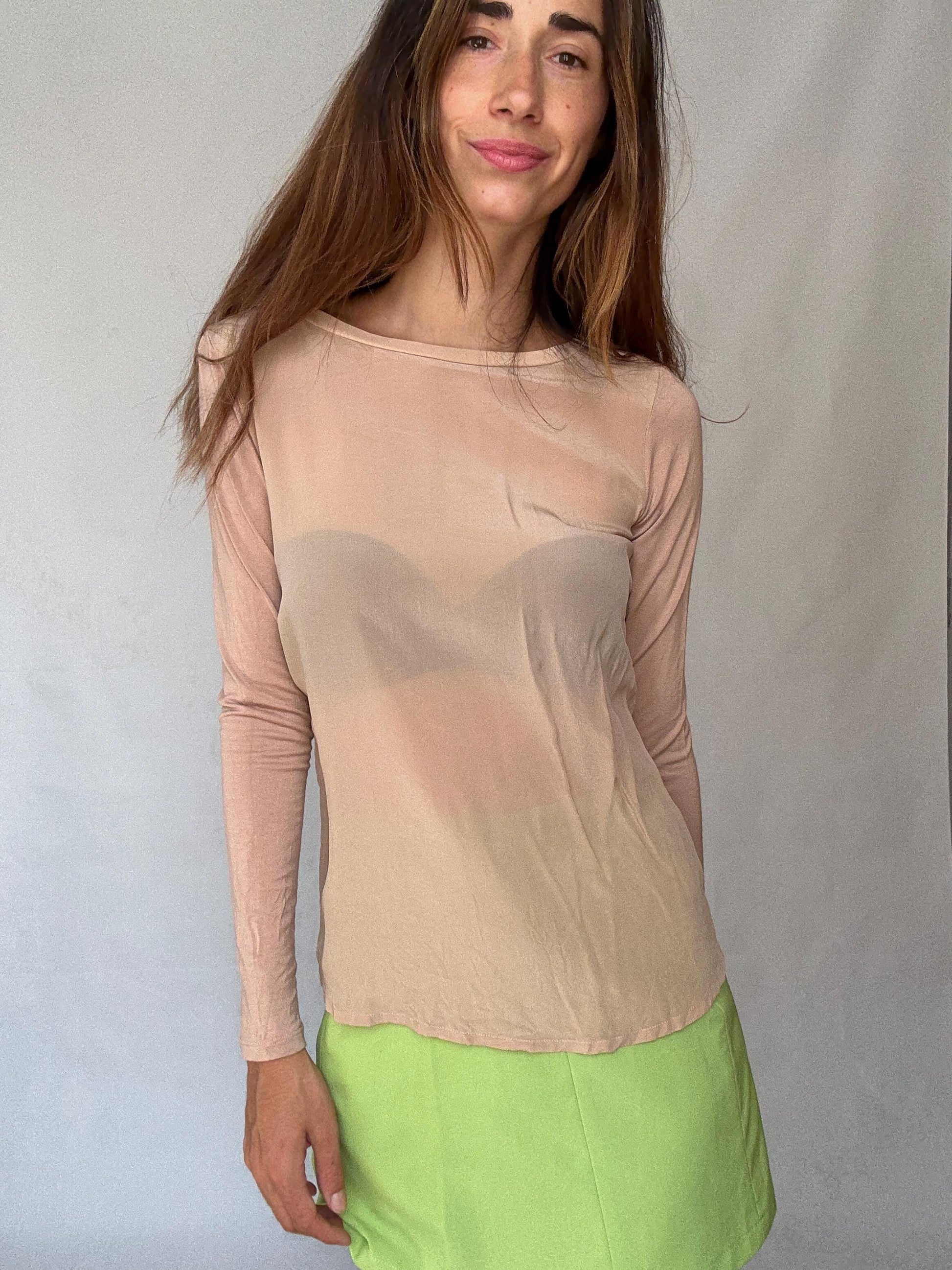 Sheer Nude Long Sleeve | Marella Vintage Designer Mesh Top | Earthy Y2K Minimalist Vibes